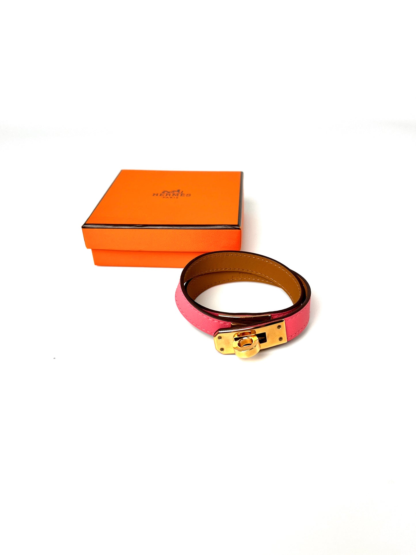 HERMES Mini Kelly Double Tour Rose Azalee Pink Rose Gold Leather Bracelet M