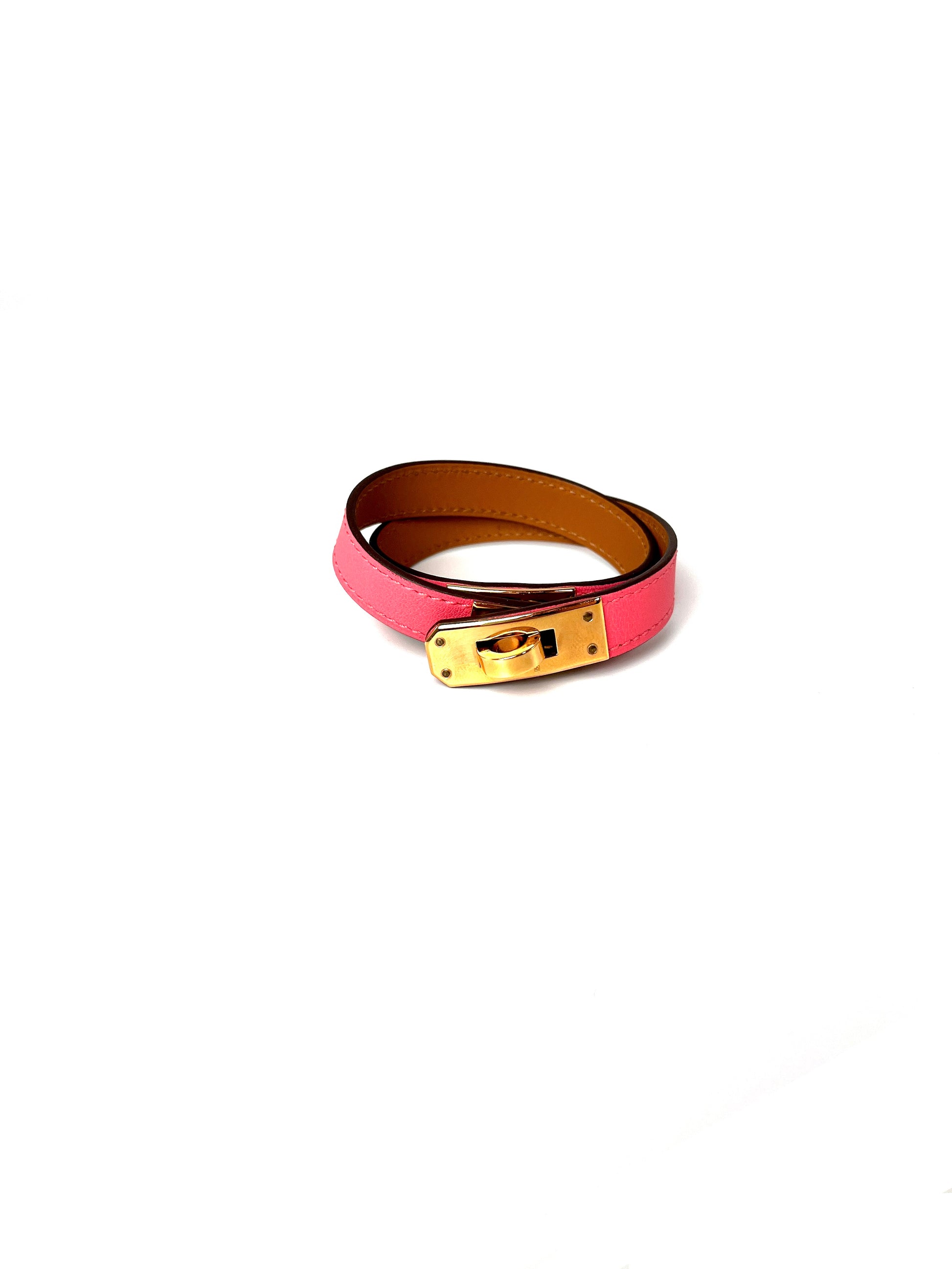 HERMES Mini Kelly Double Tour Rose Azalee Pink Rose Gold Leather Bracelet M