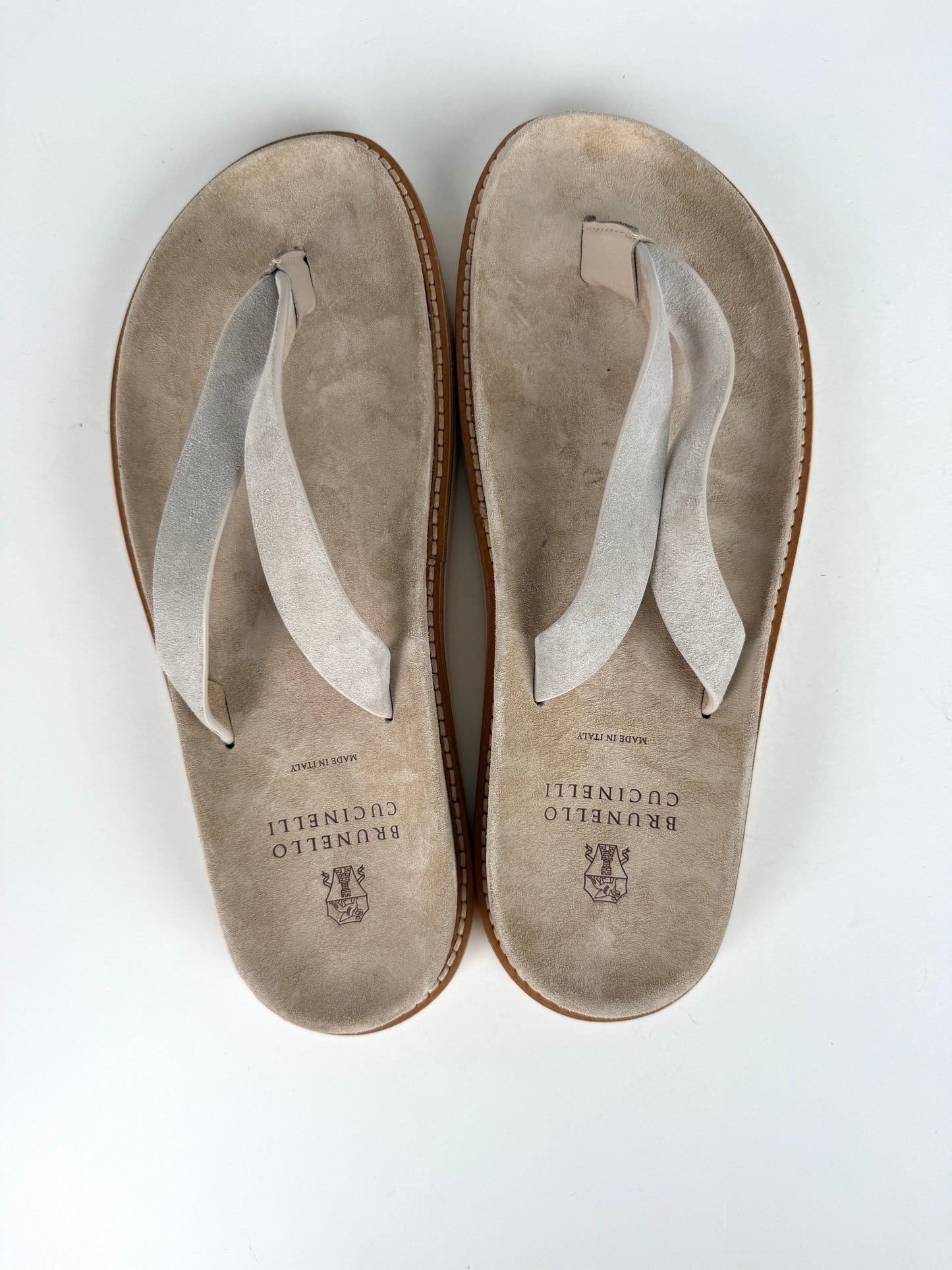 Brunello Cucinelli Mens Sand Beige Suede Leather Slipper Flip Flop Sandals 44  11 New