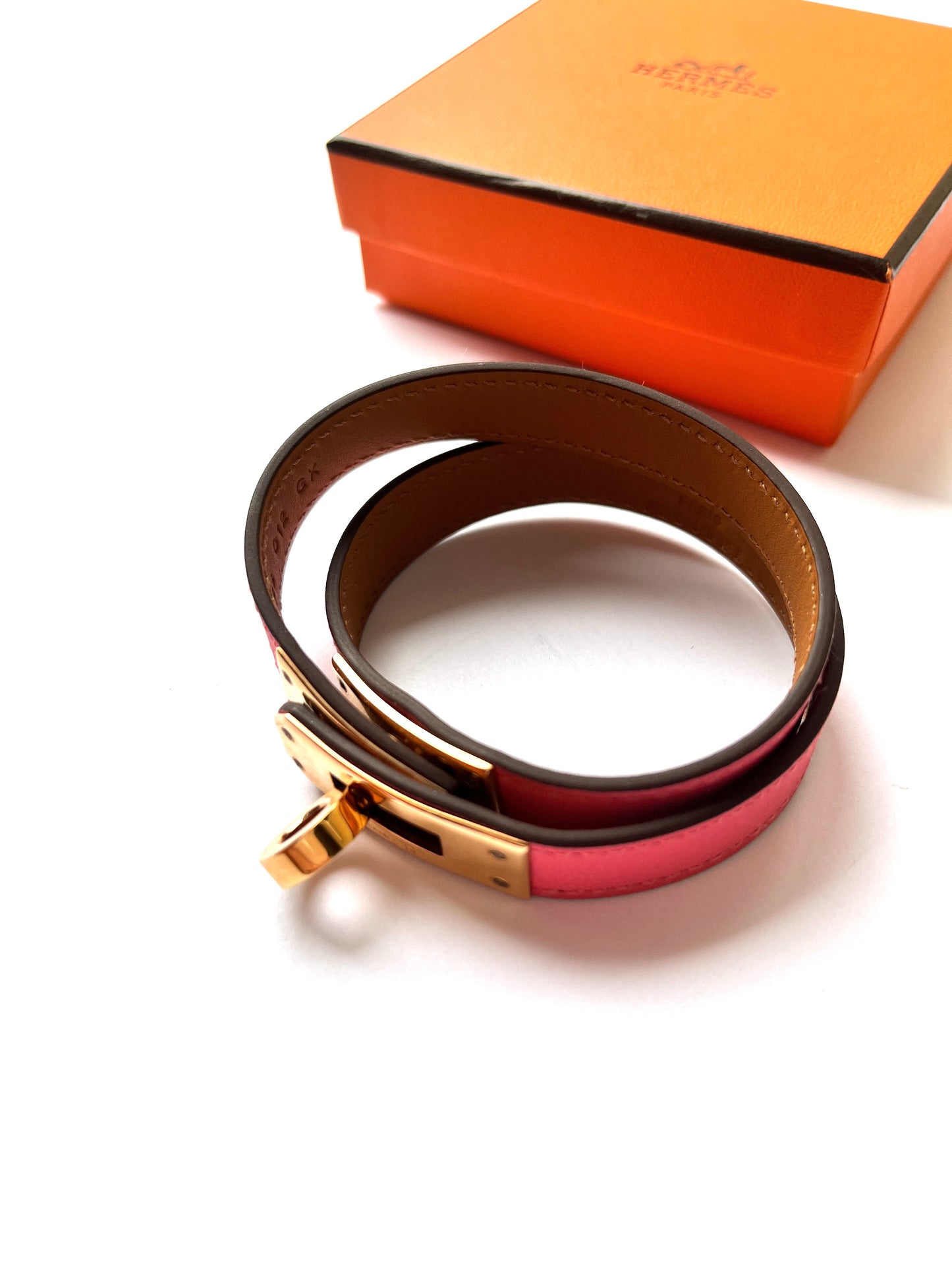 HERMES Mini Kelly Double Tour Rose Azalee Pink Rose Gold Leather Bracelet M