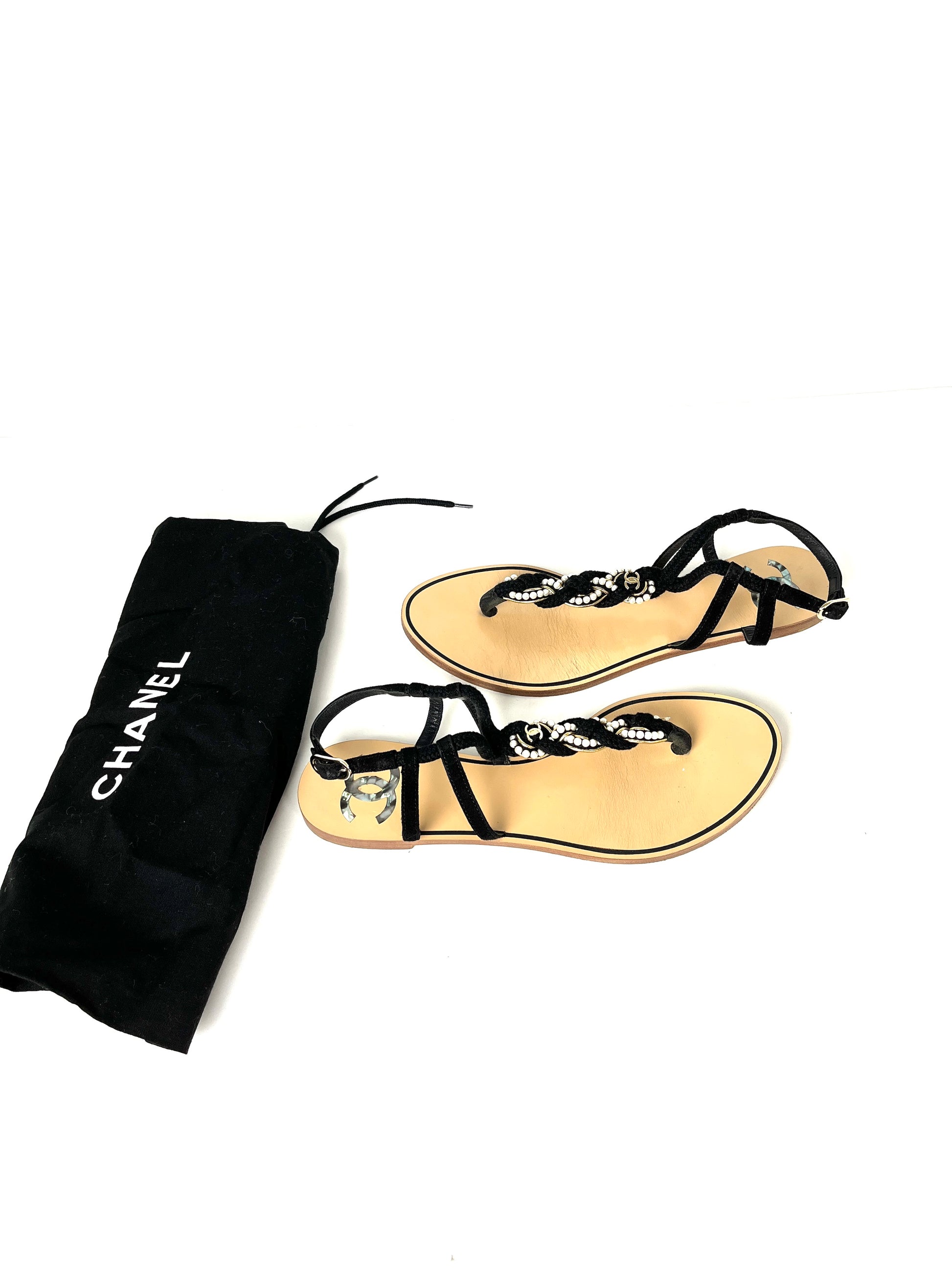 CHANEL Faux Pearl Rope CC Logo Flat T Strap Black Sandals 39 C 8