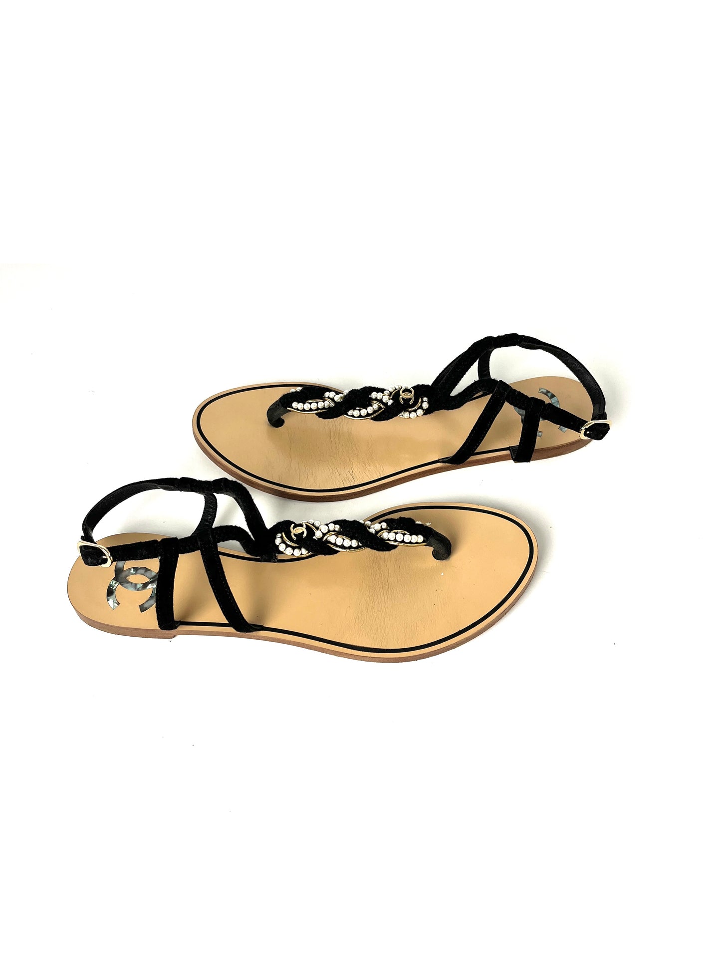 CHANEL Faux Pearl Rope CC Logo Flat T Strap Black Sandals 39 C 8