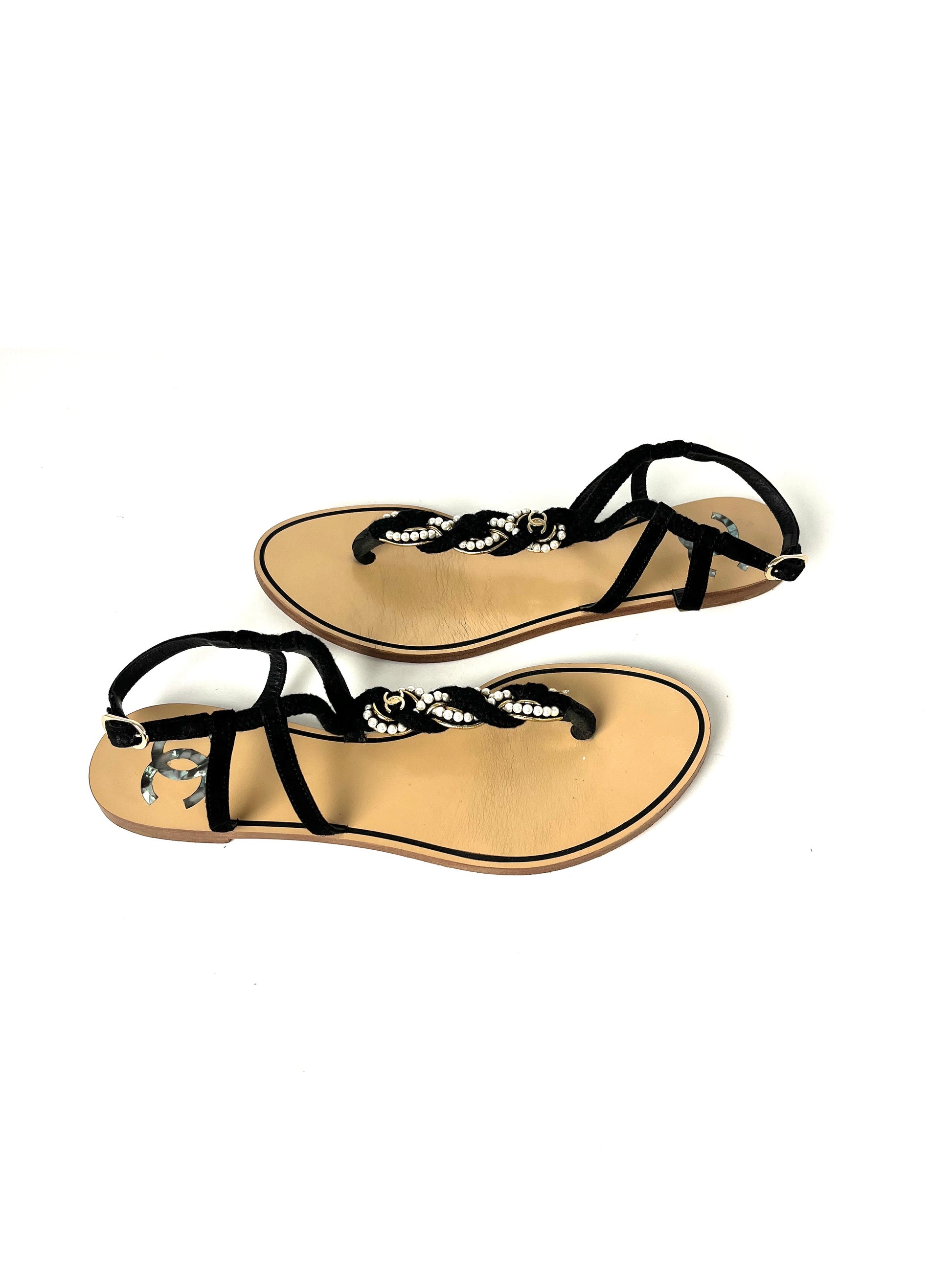 CHANEL Faux Pearl Rope CC Logo Flat T Strap Black Sandals 39 C 8