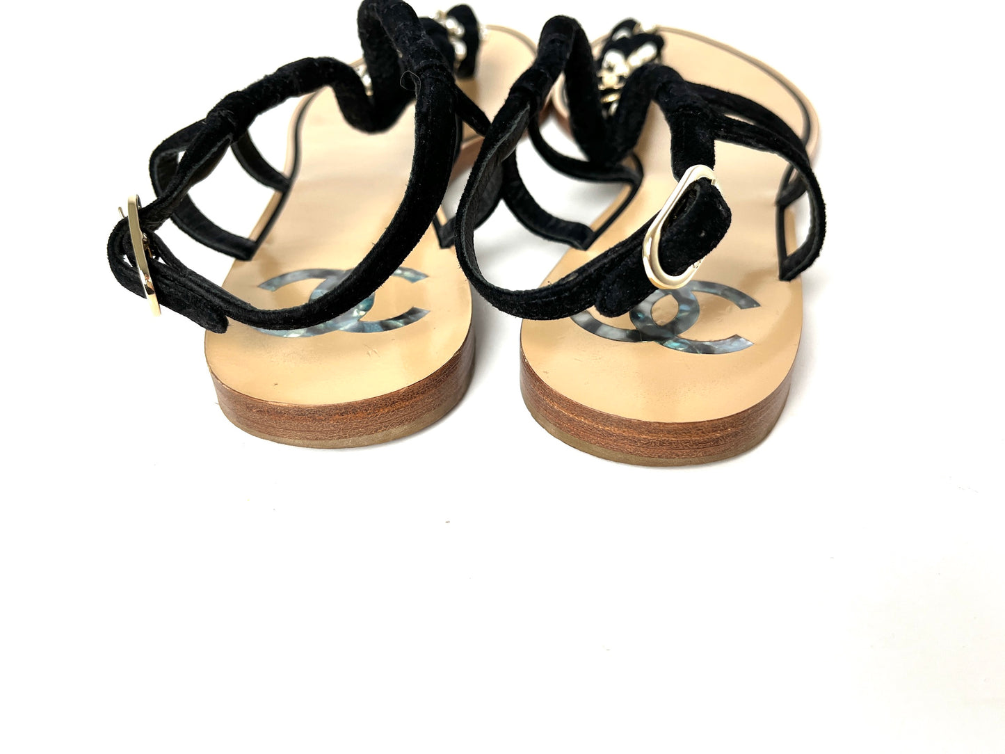 CHANEL Faux Pearl Rope CC Logo Flat T Strap Black Sandals 39 C 8