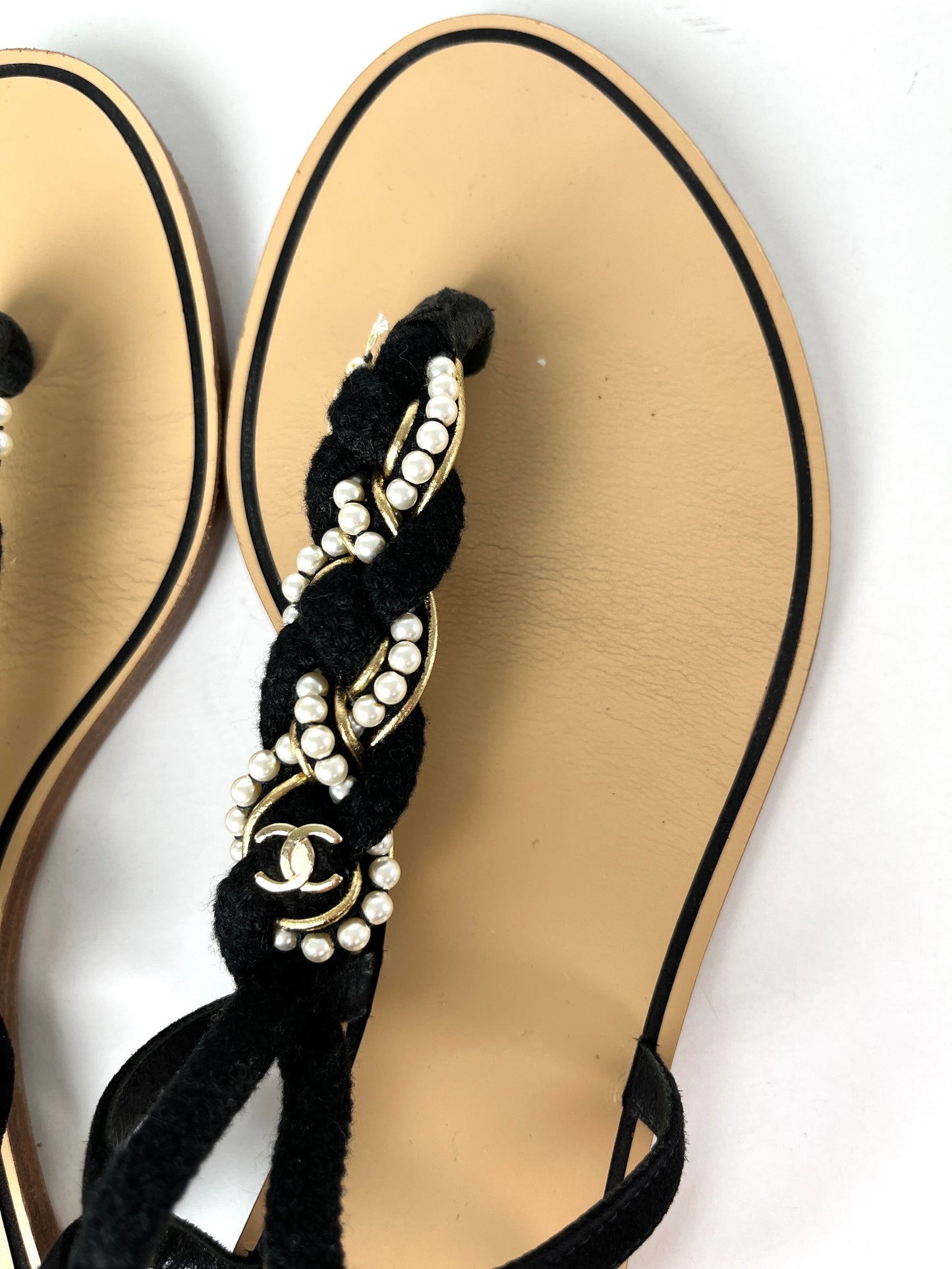 CHANEL Faux Pearl Rope CC Logo Flat T Strap Black Sandals 39 C 8