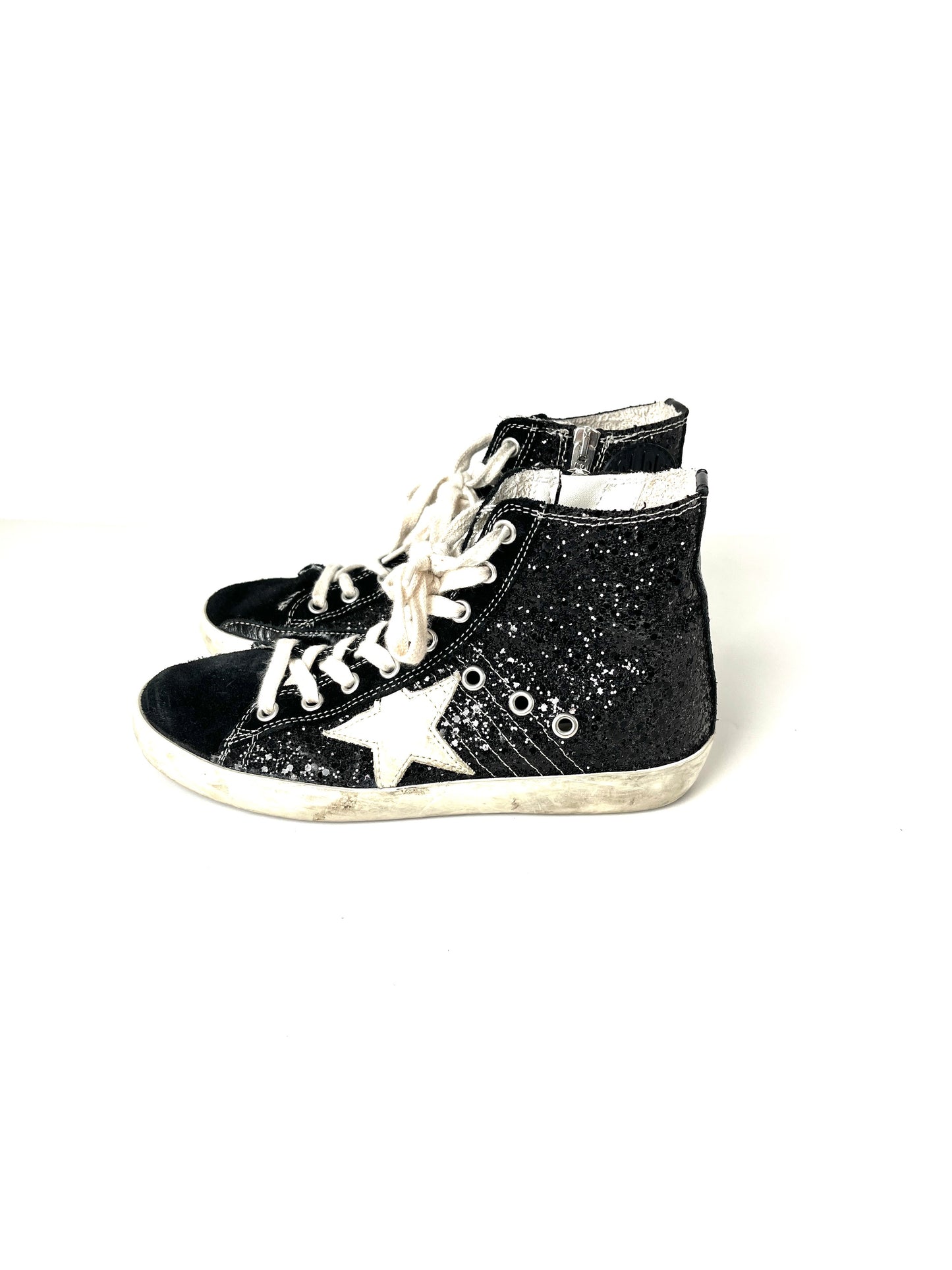 Golden Goose Francy Black Glitter Sparkly High Top Sneakers 35 5