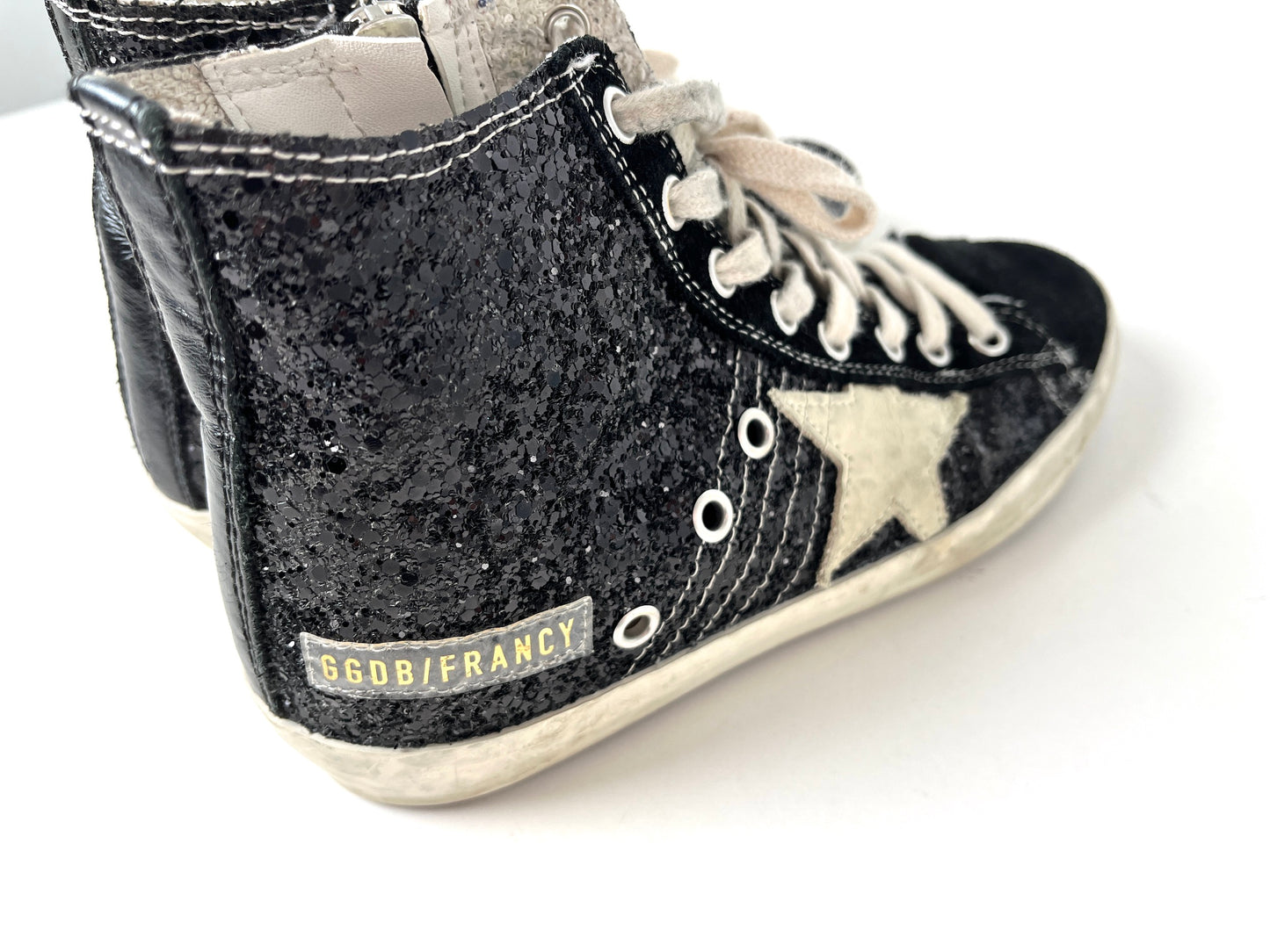 Golden Goose Francy Black Glitter Sparkly High Top Sneakers 35 5