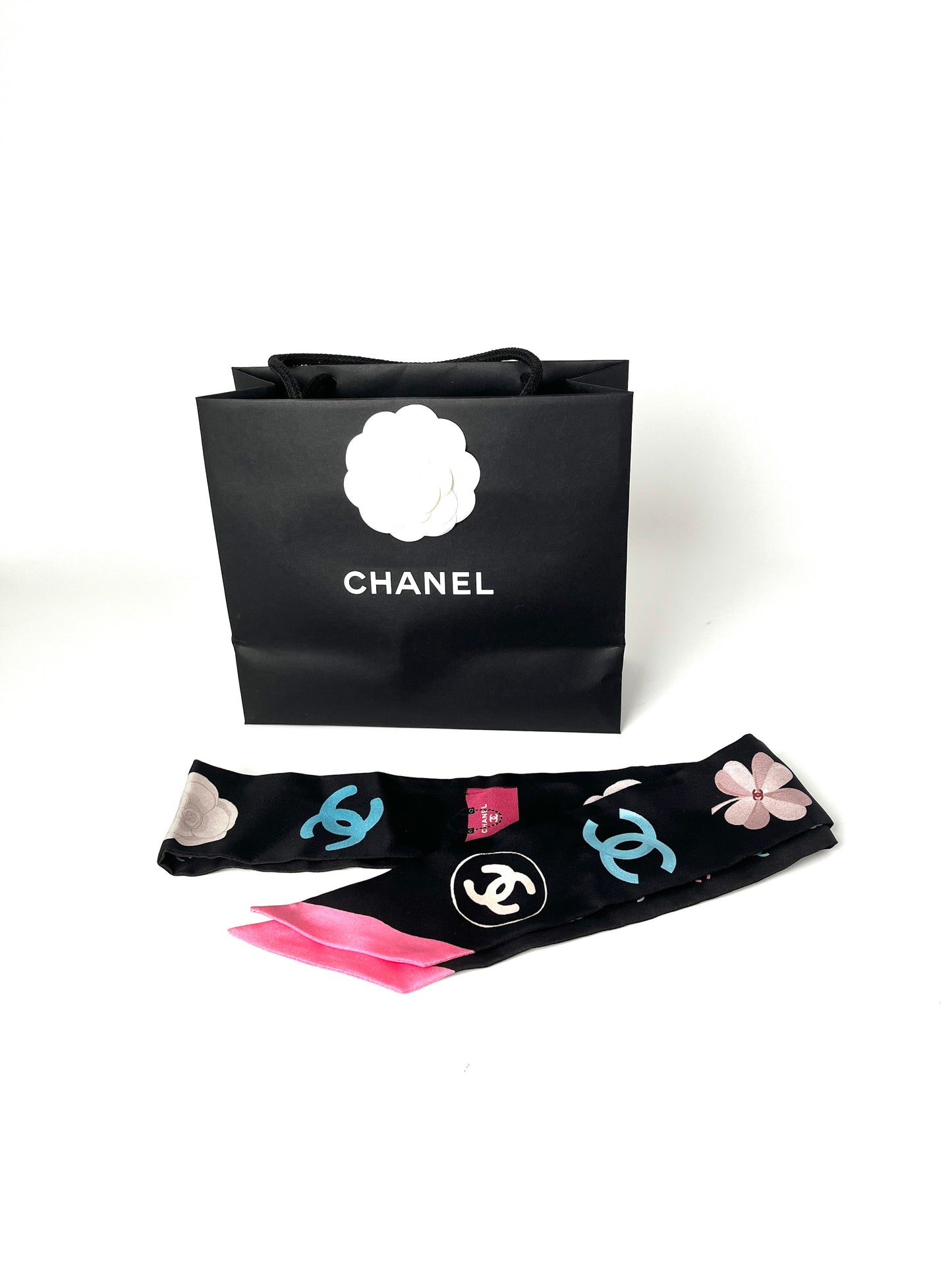 CHANEL Black Print Dog CC Logo Camelia Thin Silk Bandeau Scarf