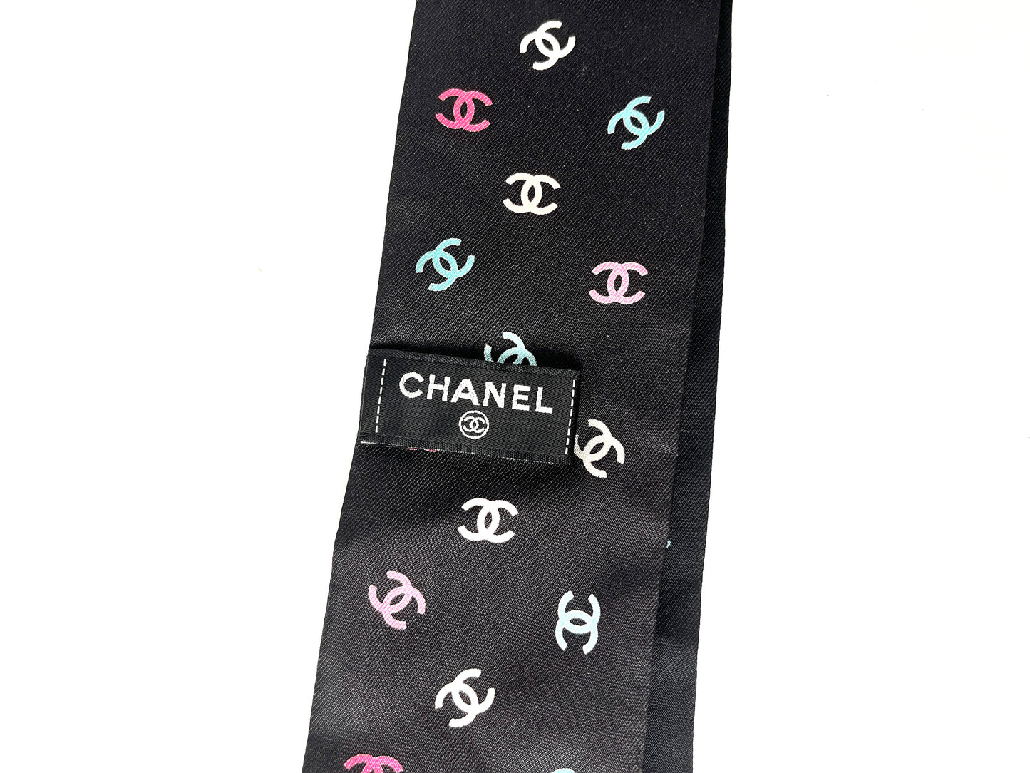 CHANEL Black Print Dog CC Logo Camelia Thin Silk Bandeau Scarf