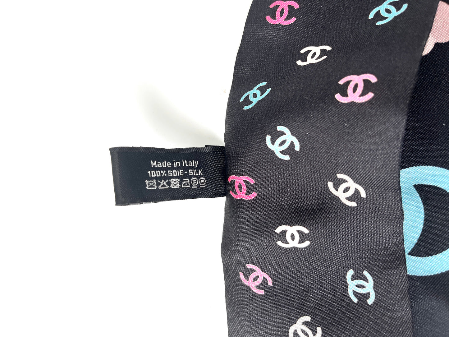 CHANEL Black Print Dog CC Logo Camelia Thin Silk Bandeau Scarf