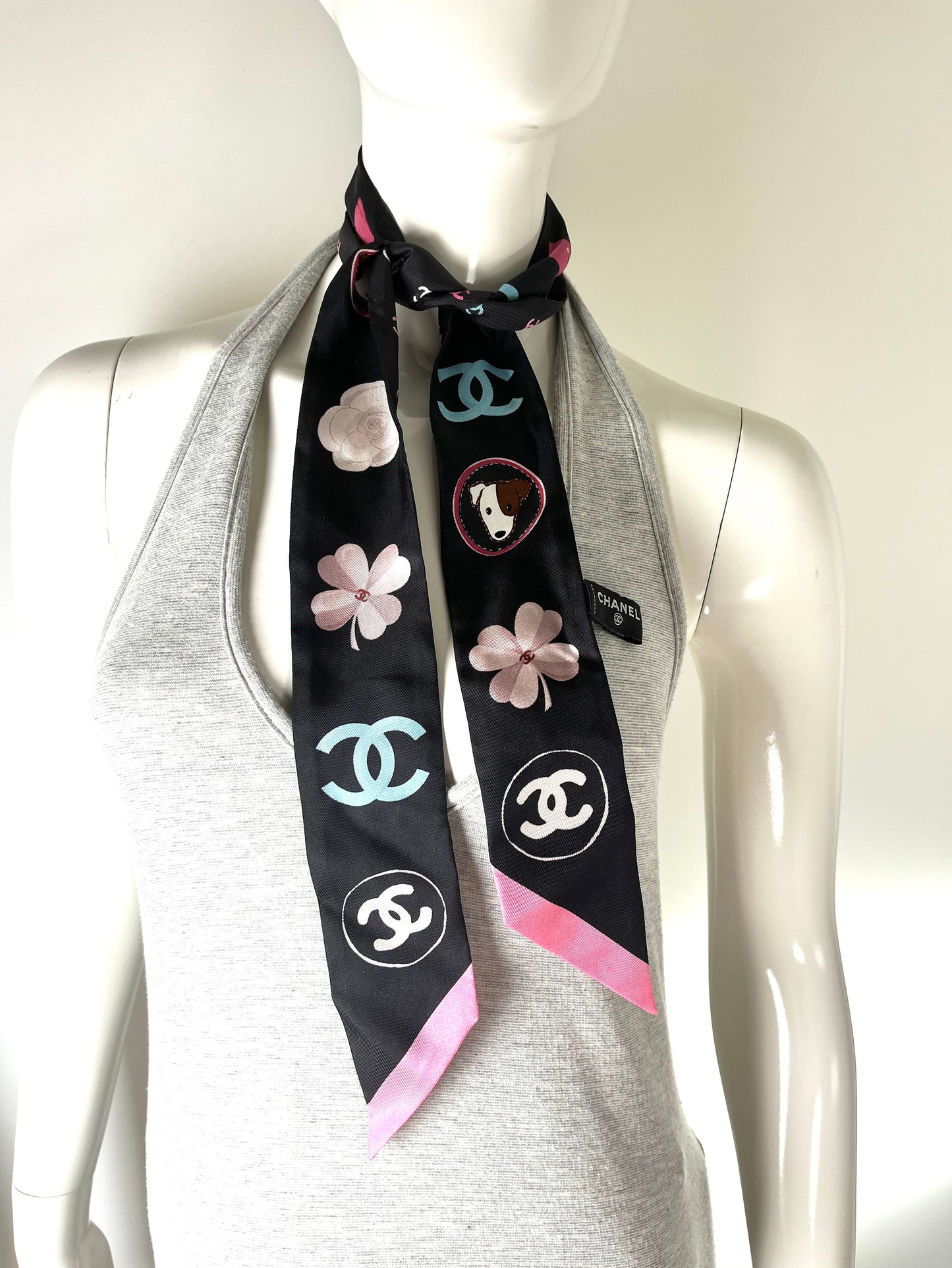 CHANEL Black Print Dog CC Logo Camelia Thin Silk Bandeau Scarf