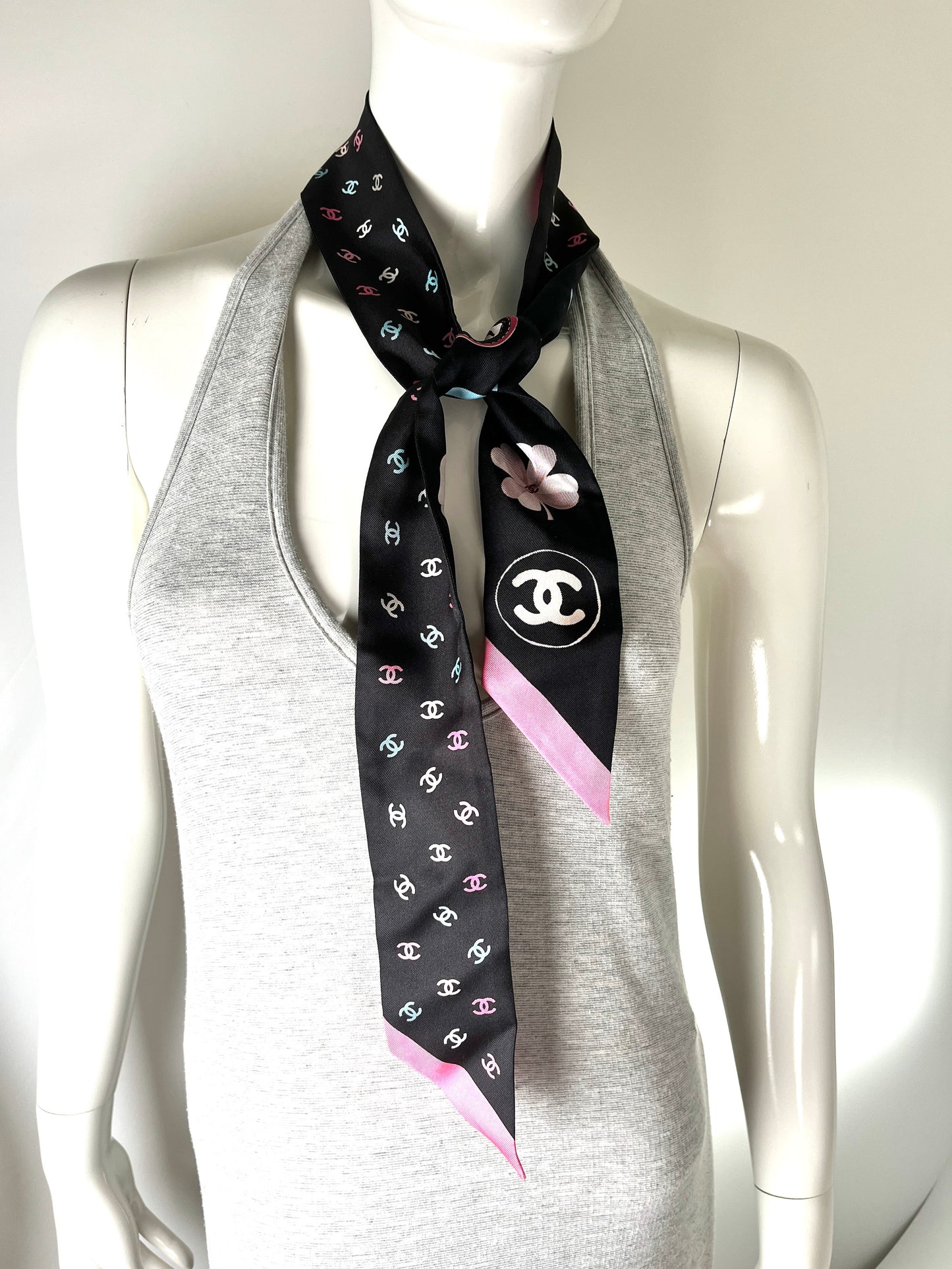 CHANEL Black Print Dog CC Logo Camelia Thin Silk Bandeau Scarf