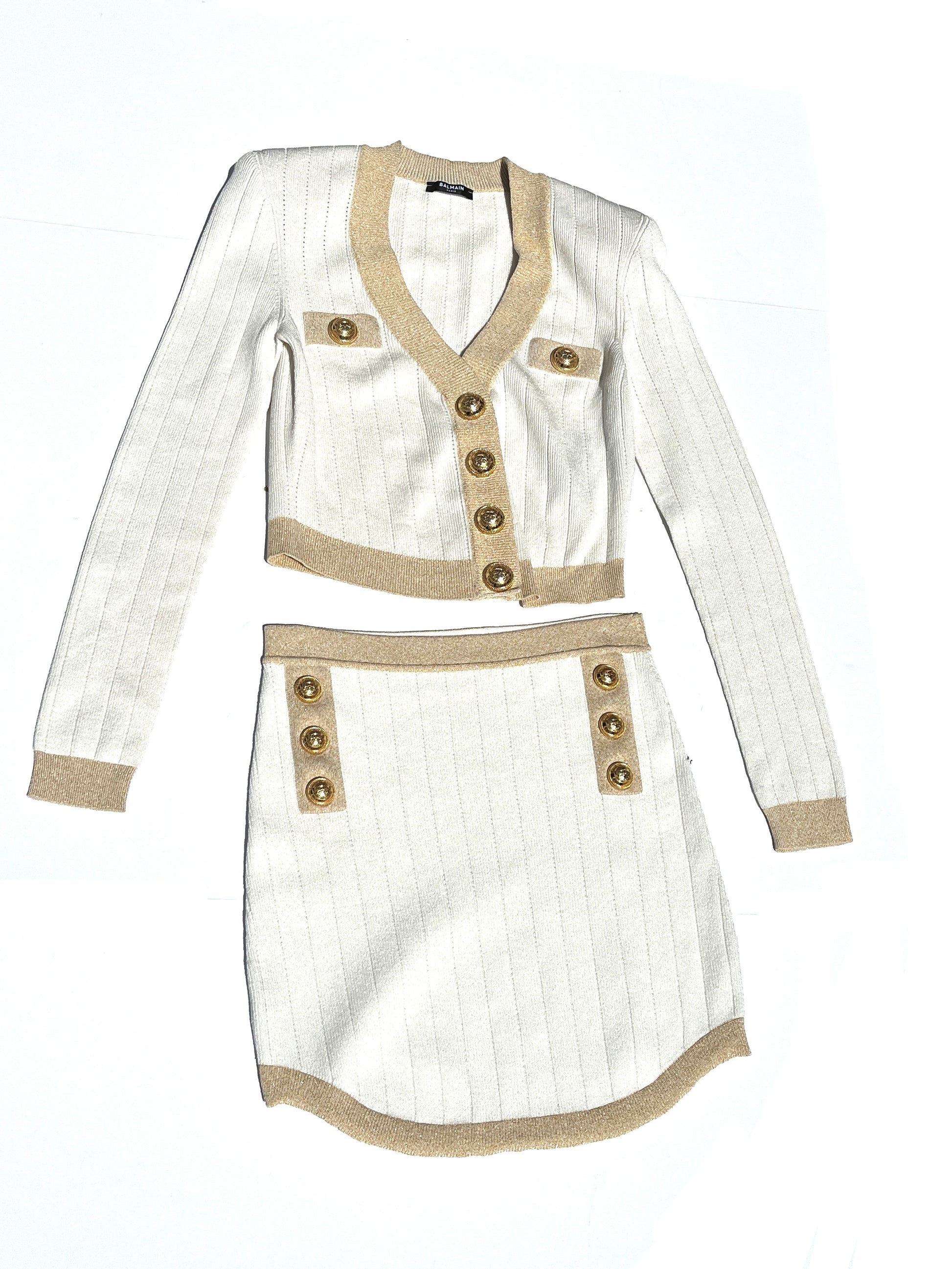 Balmain Off White Gold Ribbed Knit Cropped Cardigan Mini Skirt Set 38 6 40 8