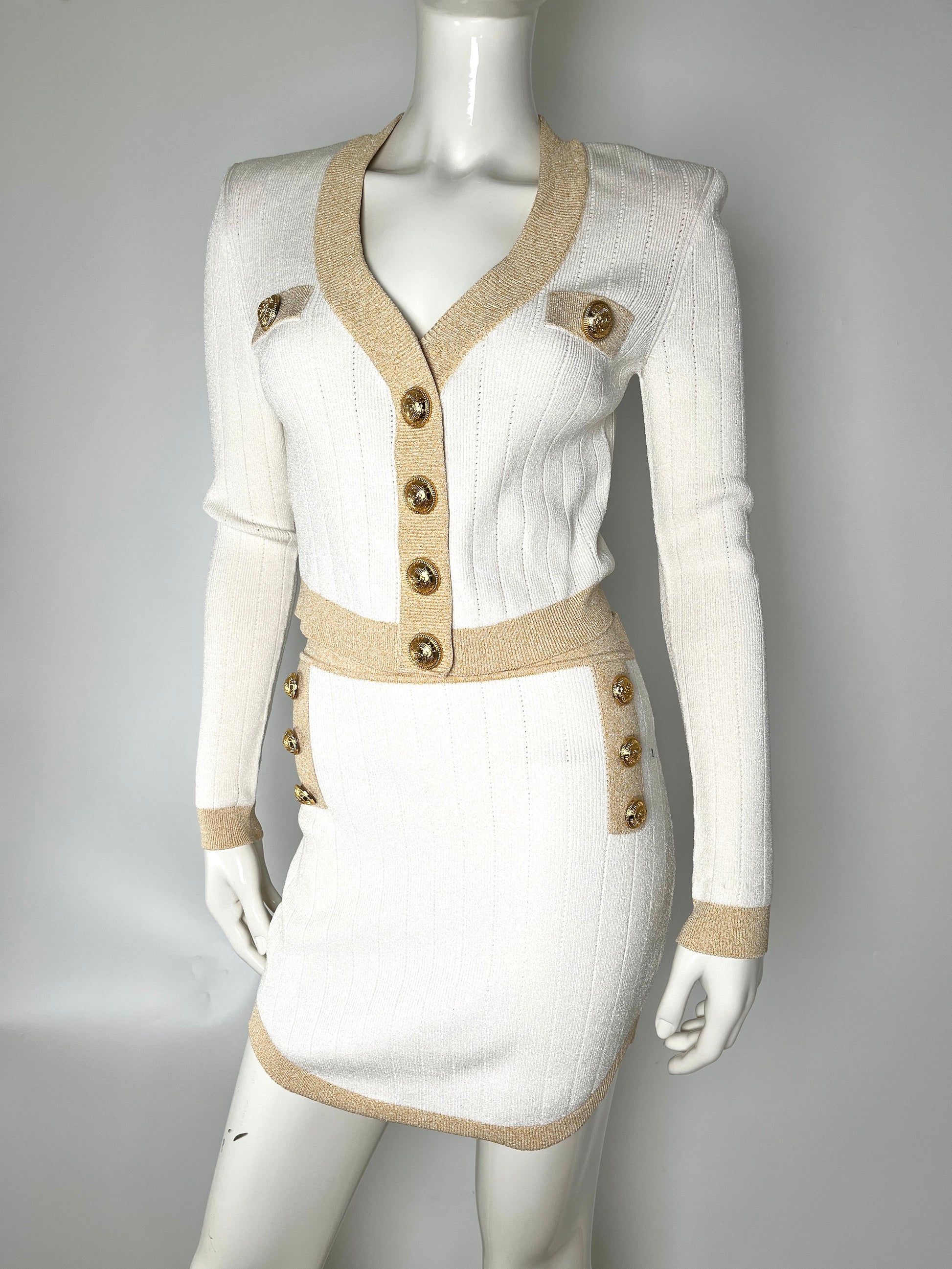 Balmain Off White Gold Ribbed Knit Cropped Cardigan Mini Skirt Set 38 6 40 8