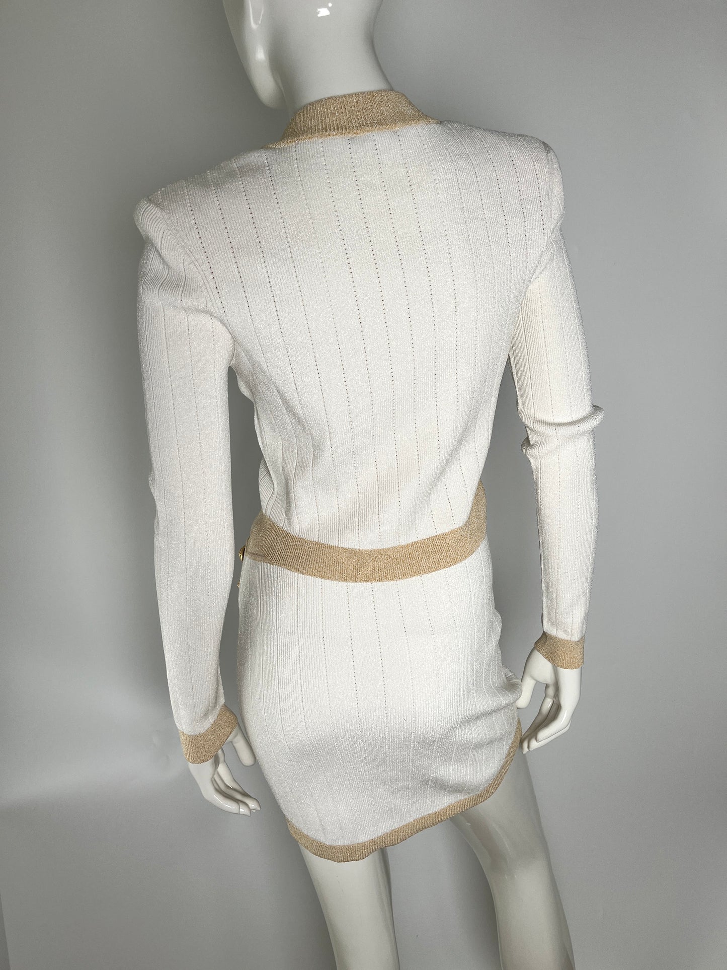 Balmain Off White Gold Ribbed Knit Cropped Cardigan Mini Skirt Set 38 6 40 8