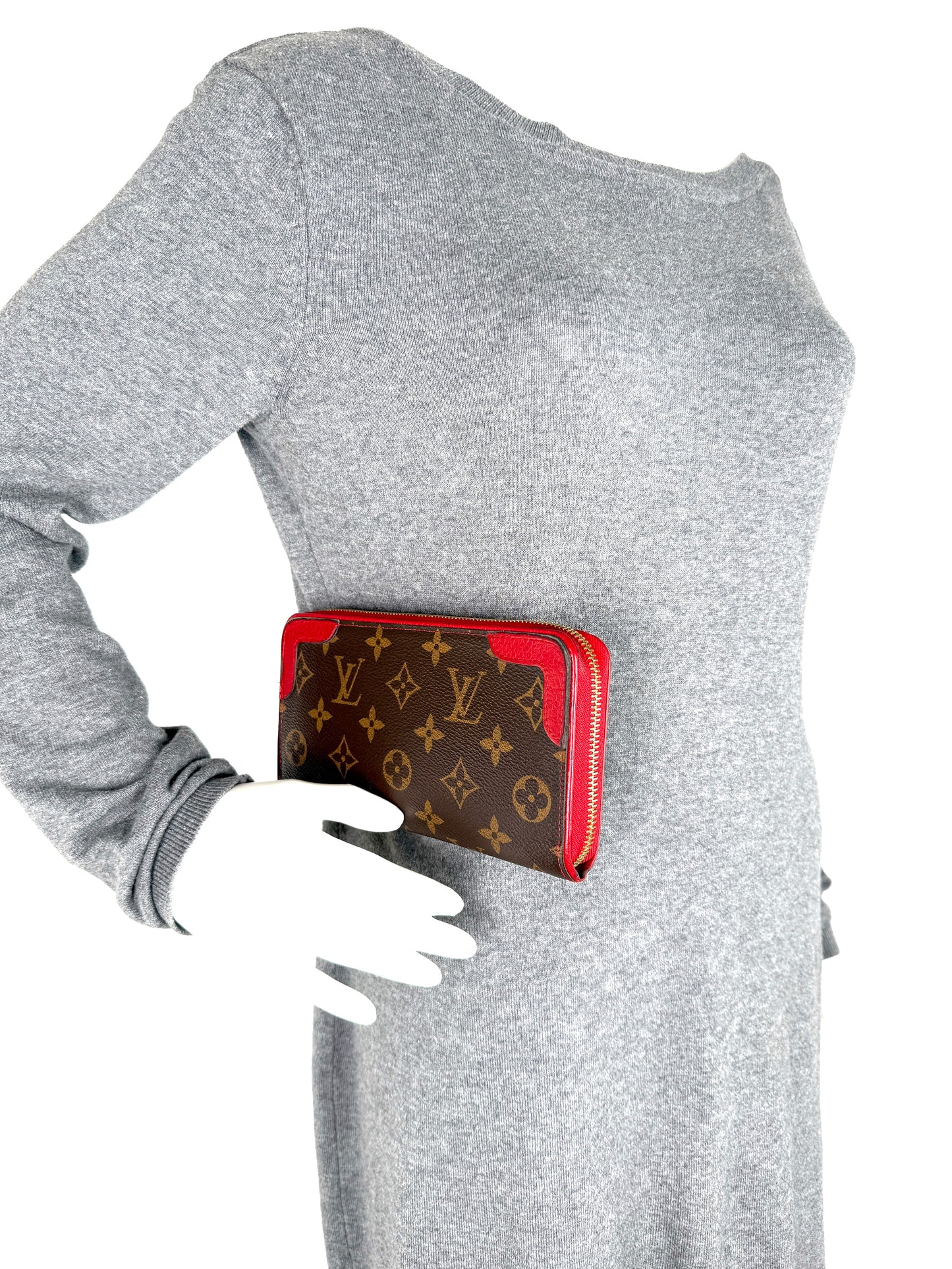 LOUIS VUITTON Retiro Monogram Coated Canvas Red Leather  Zip Long Wallet 