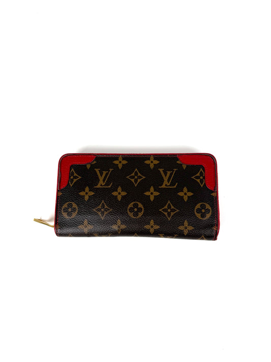 LOUIS VUITTON Retiro Monogram Coated Canvas Red Leather  Zip Long Wallet 
