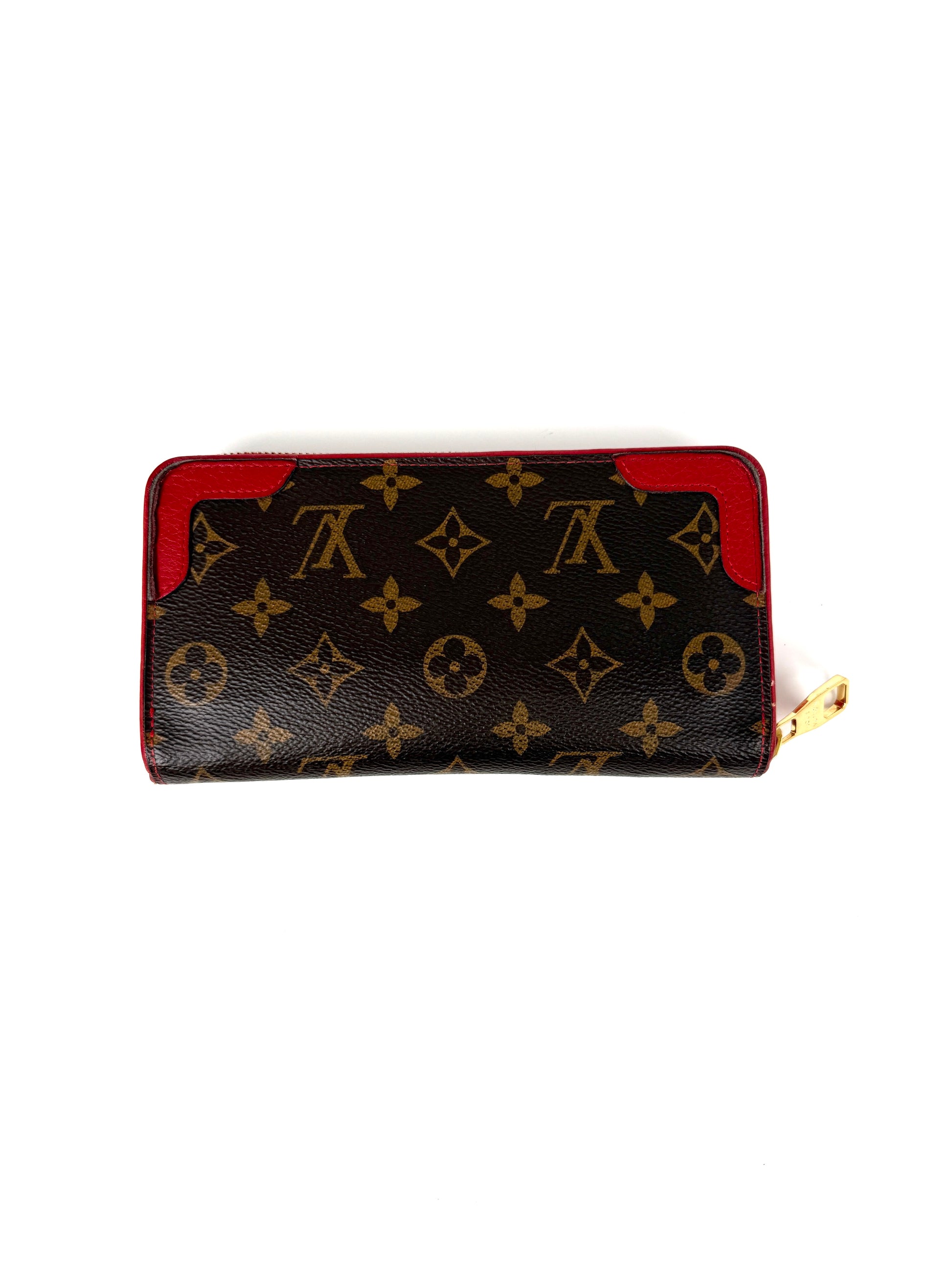 LOUIS VUITTON Retiro Monogram Coated Canvas Red Leather  Zip Long Wallet 