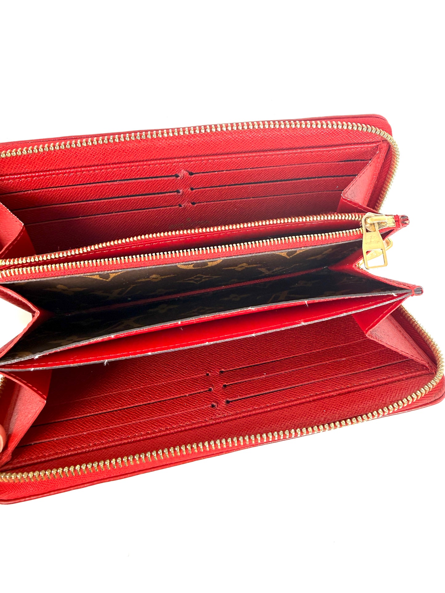 LOUIS VUITTON Retiro Monogram Coated Canvas Red Leather Zip Long Wallet