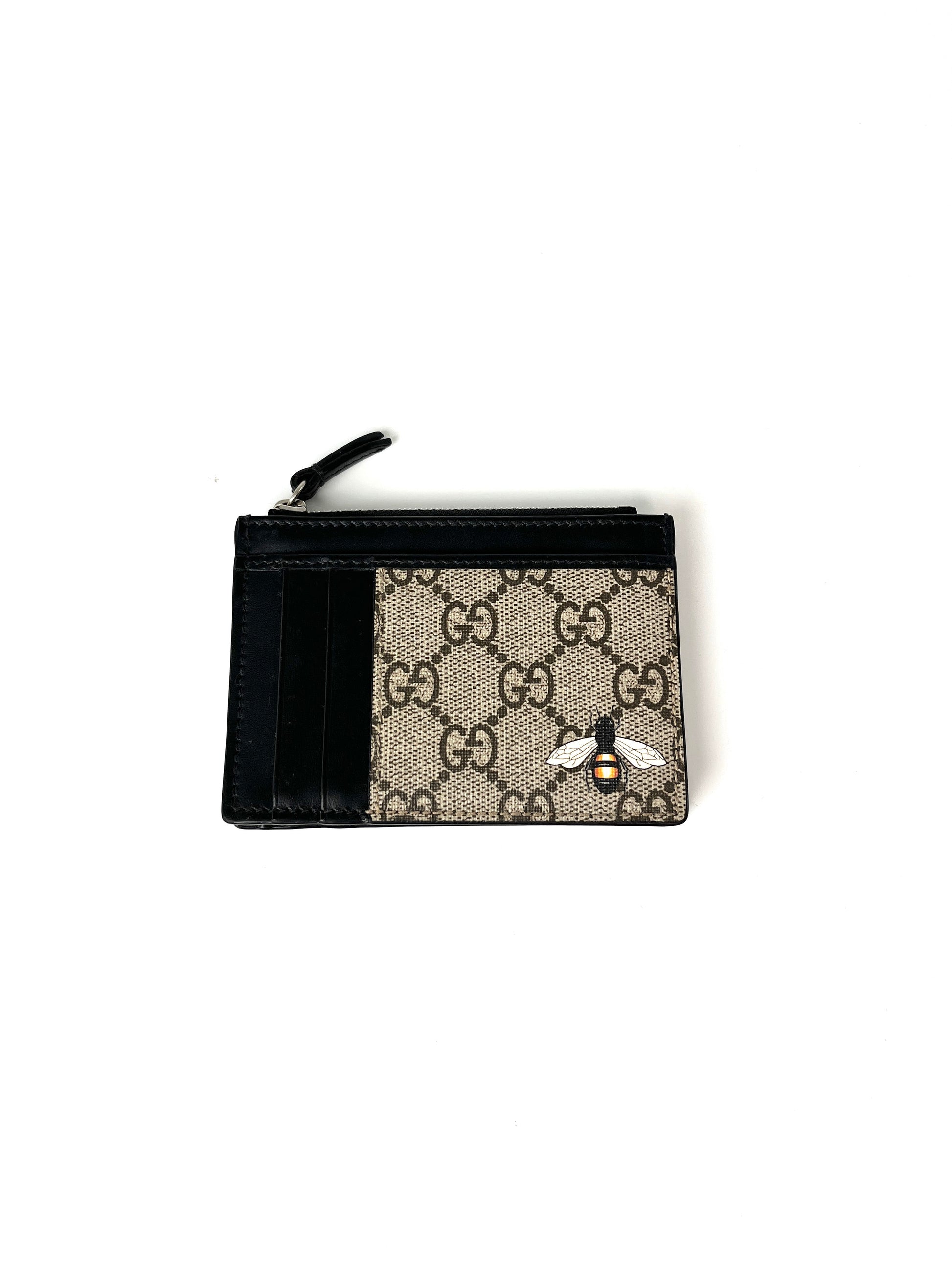 GUCCI GG Supreme Card Case Monogram Leather Bee Wallet Black Brown Fashion Reloved GUCCI GG Supreme Card Case Monogram Leather Bee Wallet Black Brown Fashion Reloved