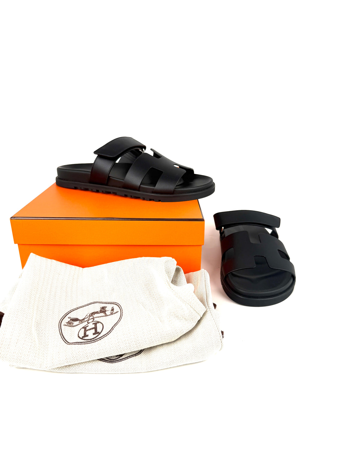 HERMES Chypre Black Leather Slide Sandals 40 9.5 New