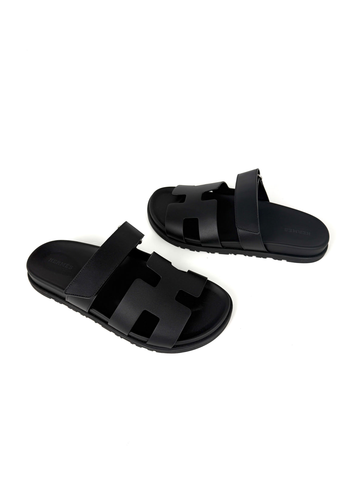 HERMES Chypre Black Leather Slide Sandals 40 9.5 New