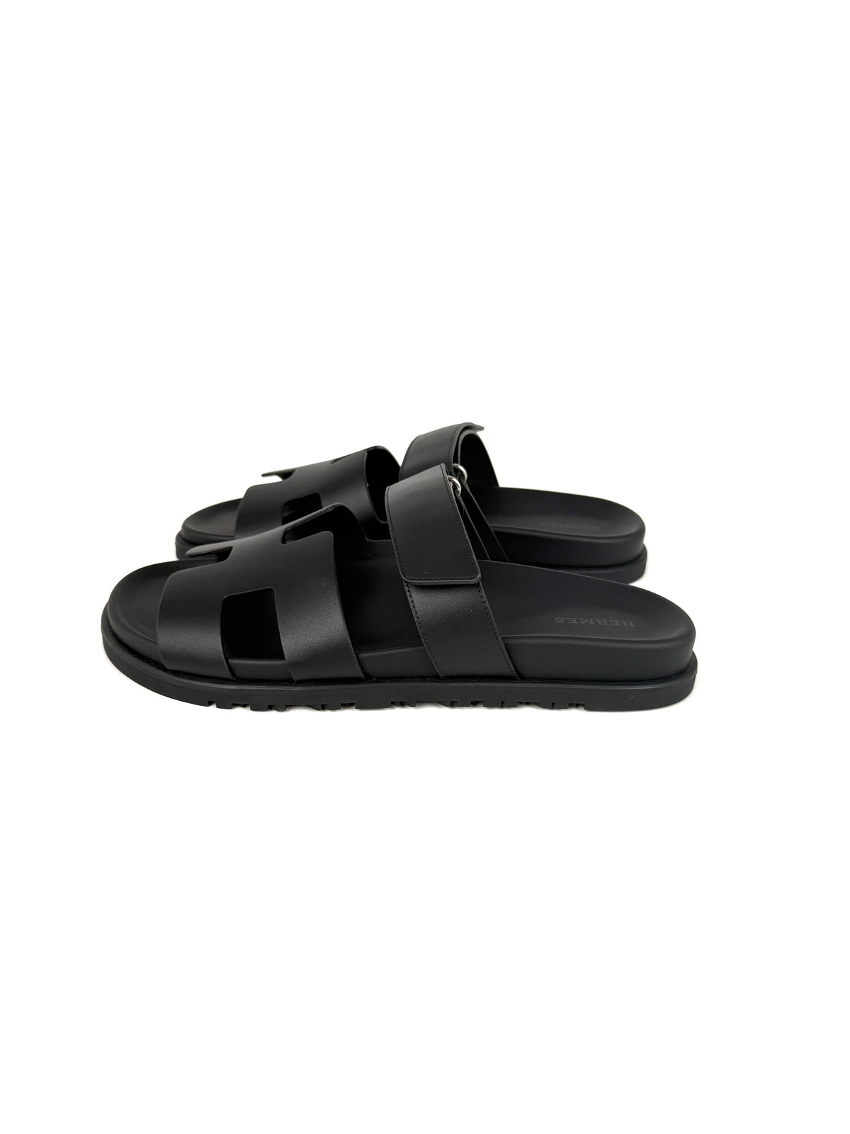 HERMES Chypre Black Leather Slide Sandals 40 9.5 New