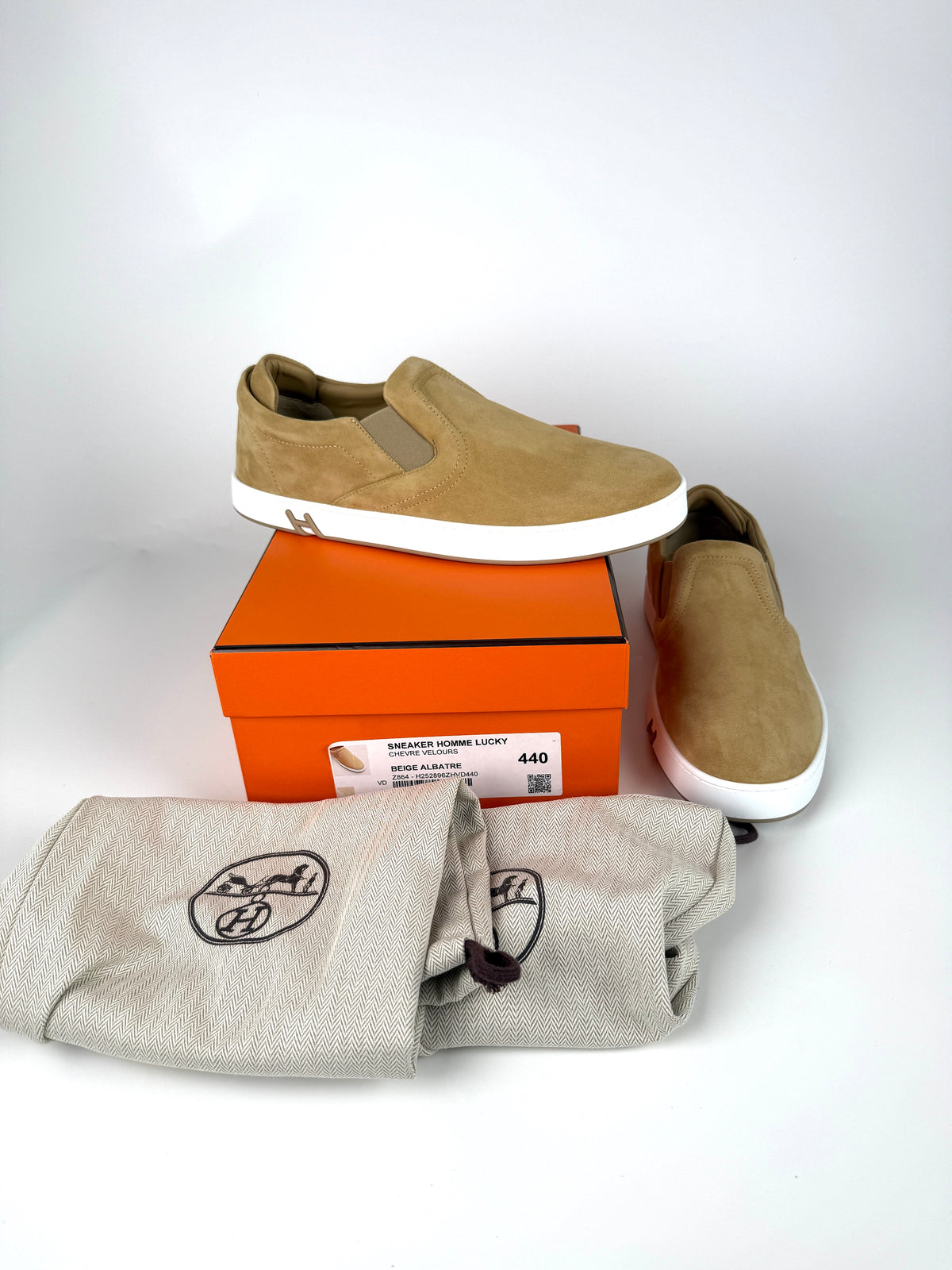 HERMES Lucky Men’s Beige Suede Slip on Sneakers 44 10 New