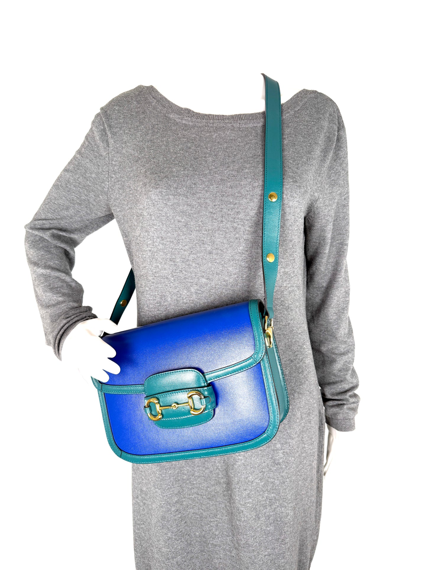 Gucci 1955 Azalea Calfskin Horsebit Medium Blue Green Leather Shoulder Crossbody Bag