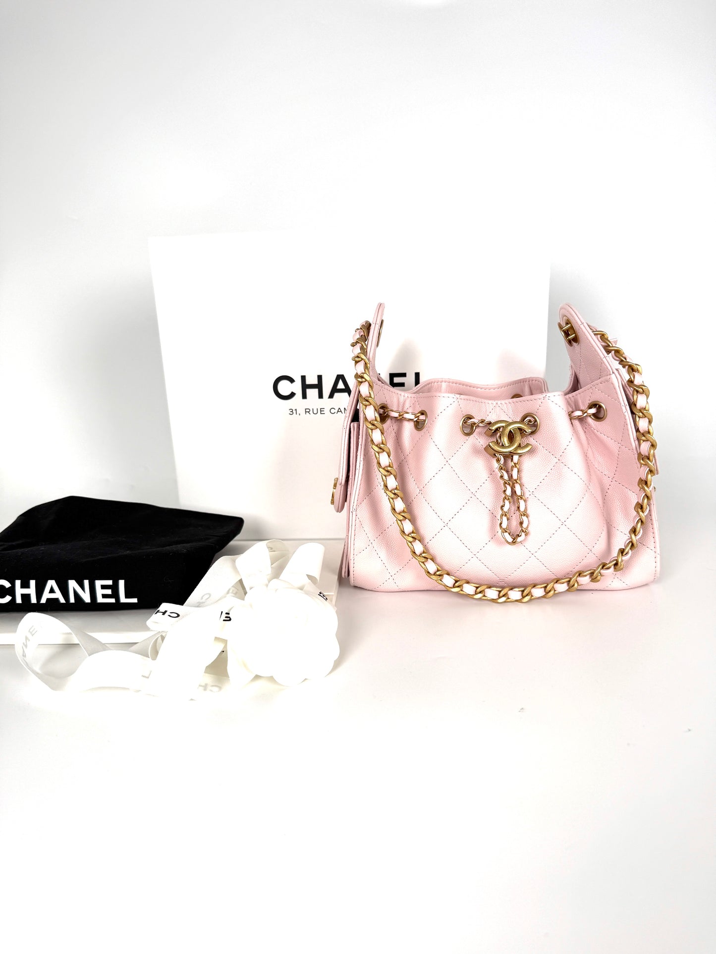 New CHANEL 25 Mini Pink Quilted Caviar Leather Shoulder Bag