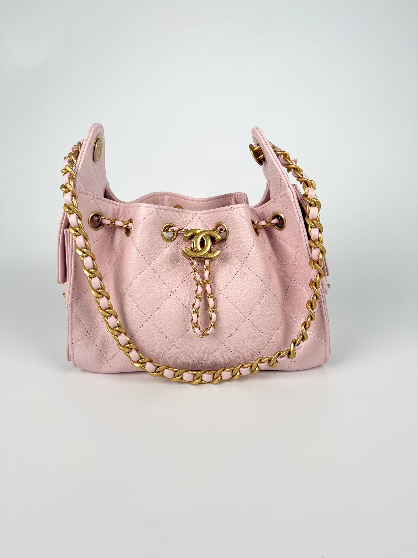 New CHANEL 25 Mini Pink Quilted Caviar Leather Shoulder Bag