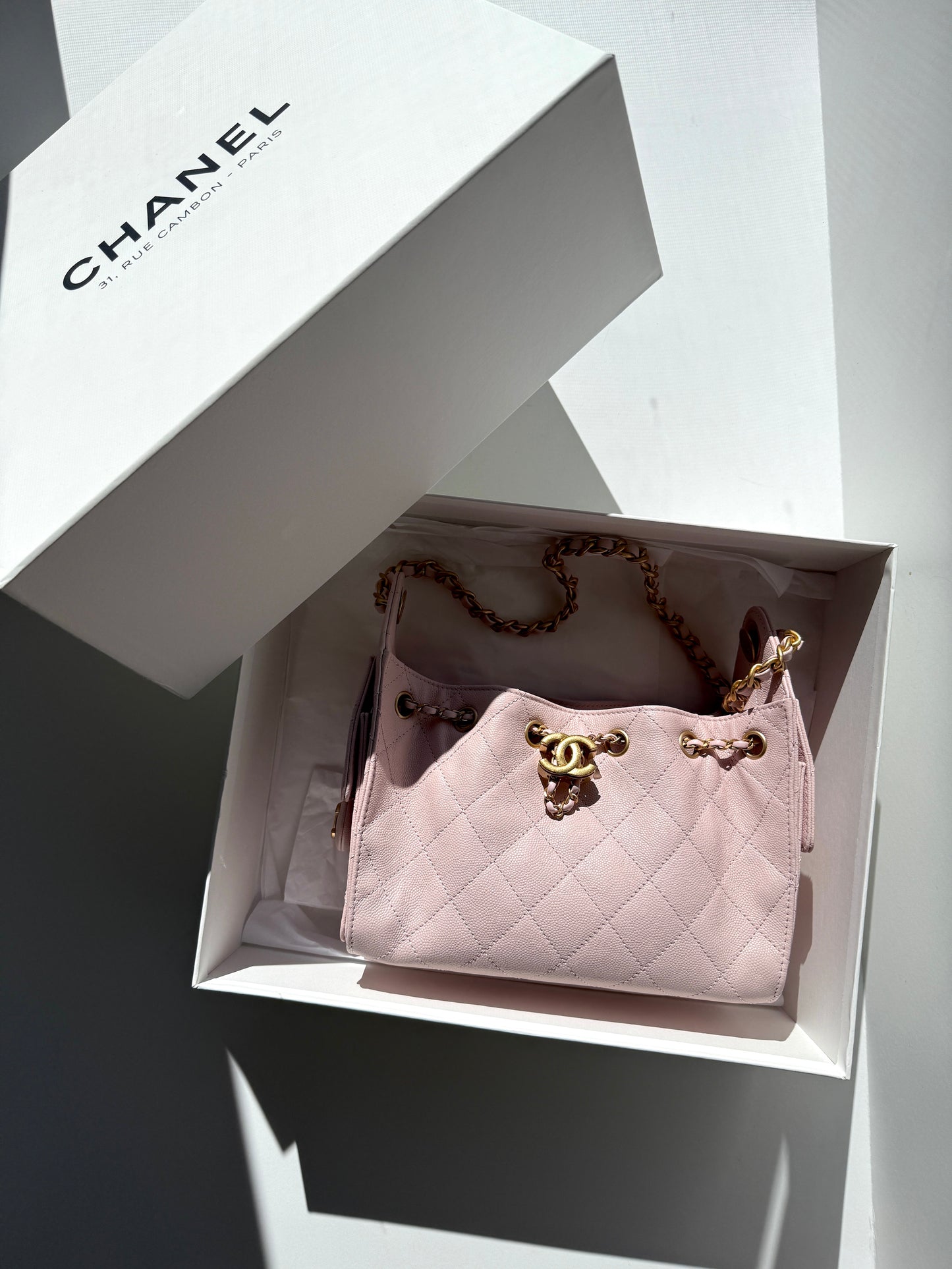 New CHANEL 25 Mini Pink Quilted Caviar Leather Shoulder Bag