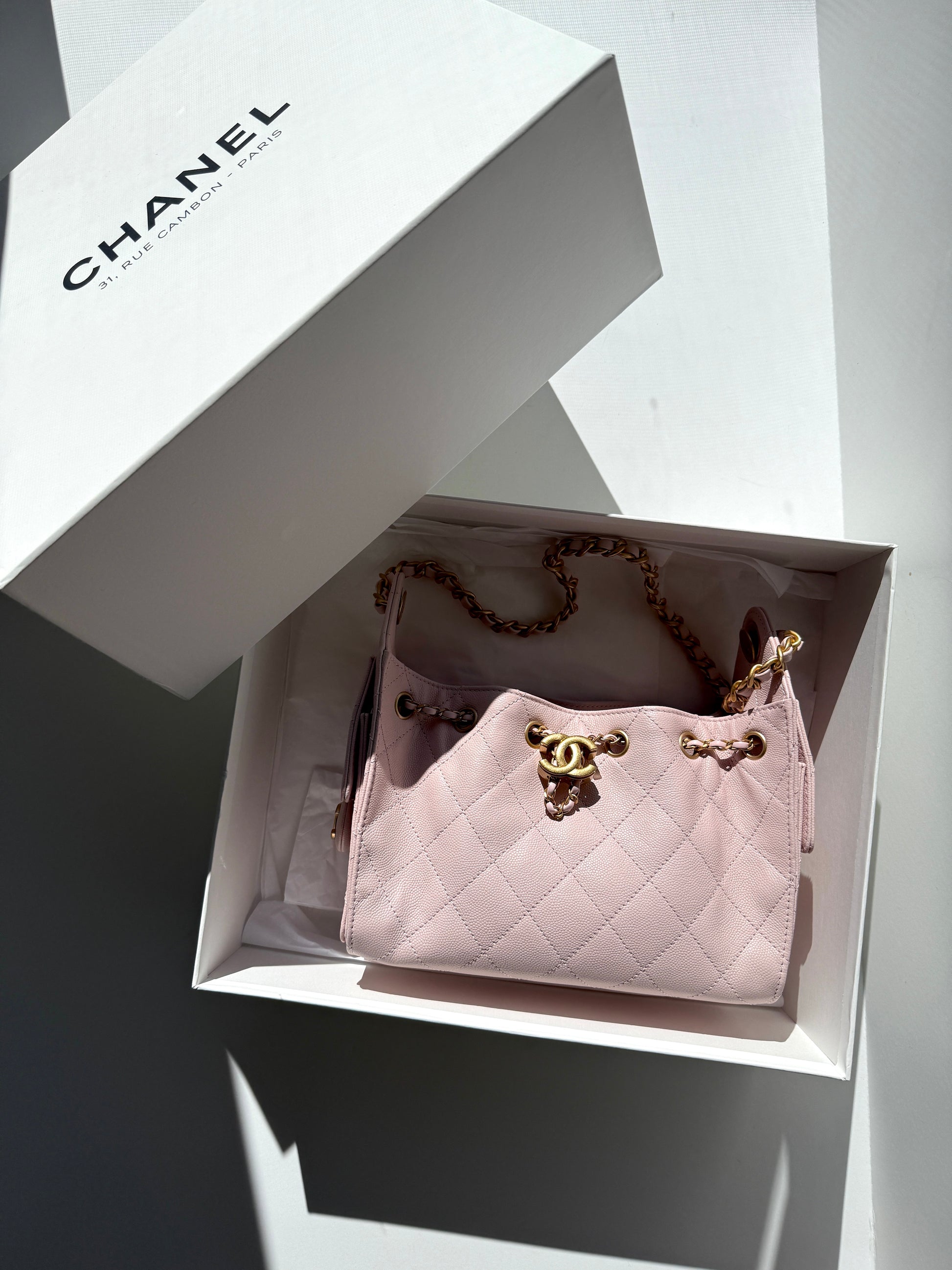 New CHANEL 25 Mini Pink Quilted Caviar Leather Shoulder Bag