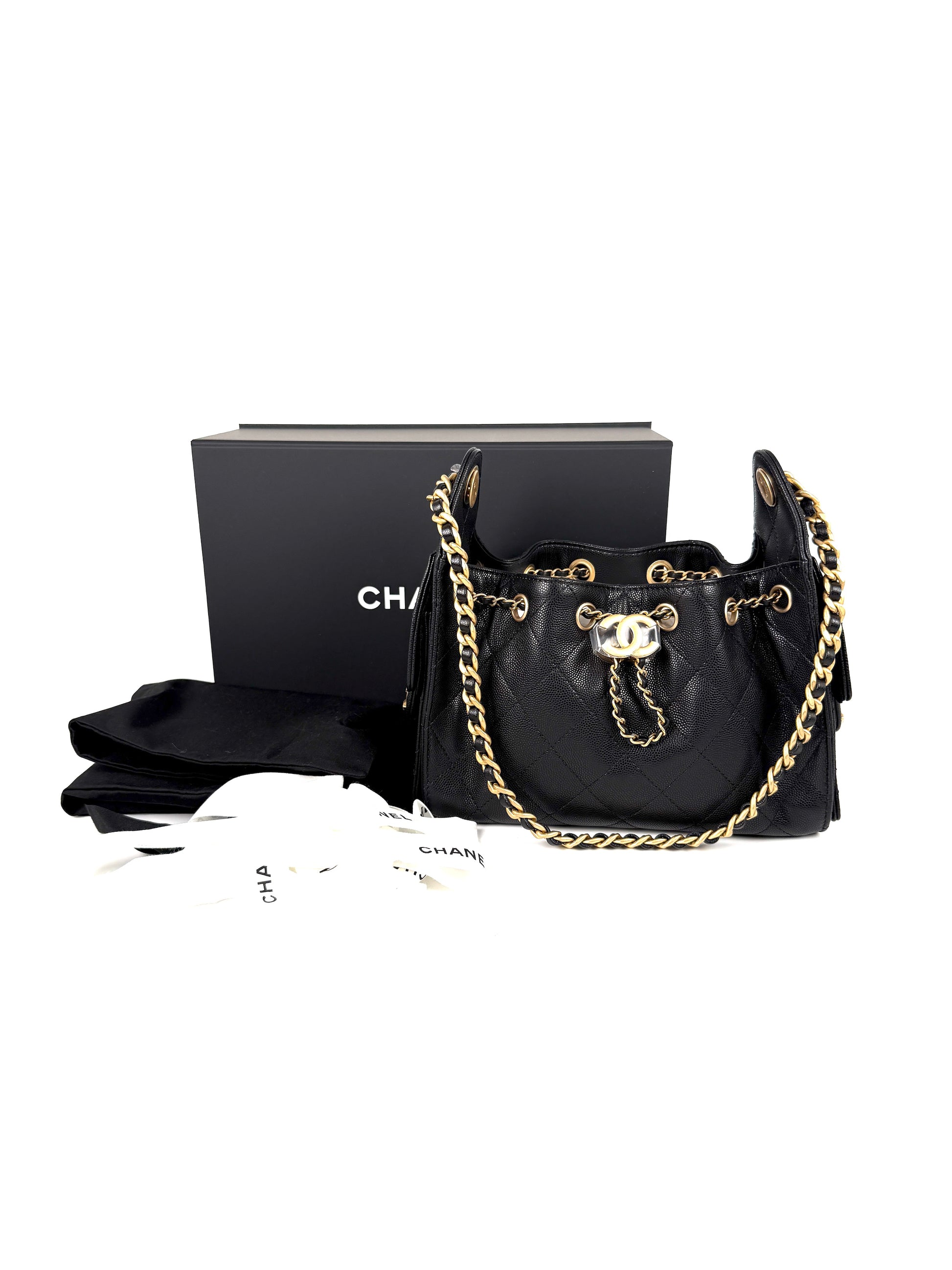 New CHANEL 25 Mini Black Quilted Caviar Leather Shoulder Bag