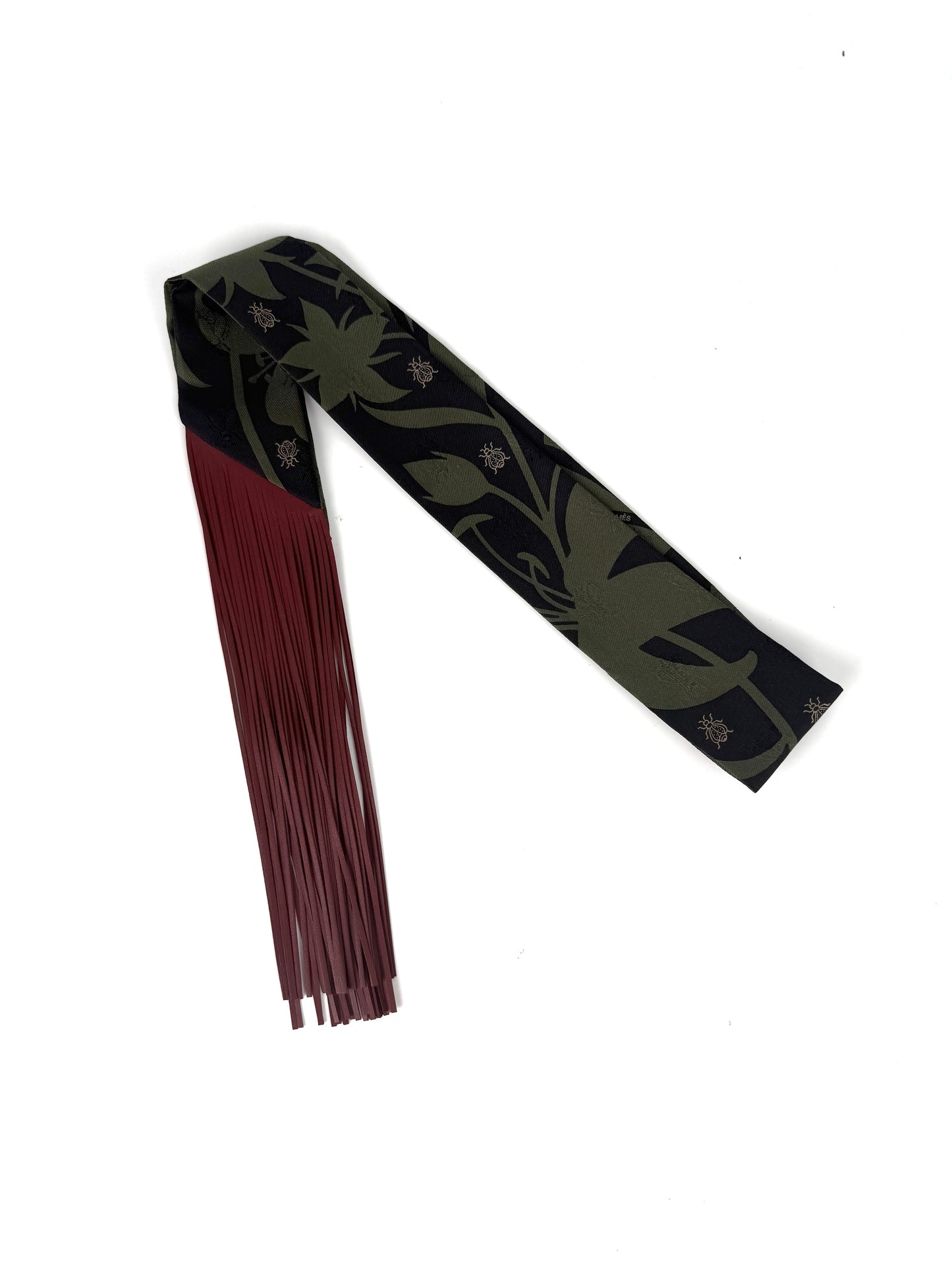 New HERMES Silk Calfskin Leather Rouge H Bouquet Final Abeille Fringed Twilly Scarf