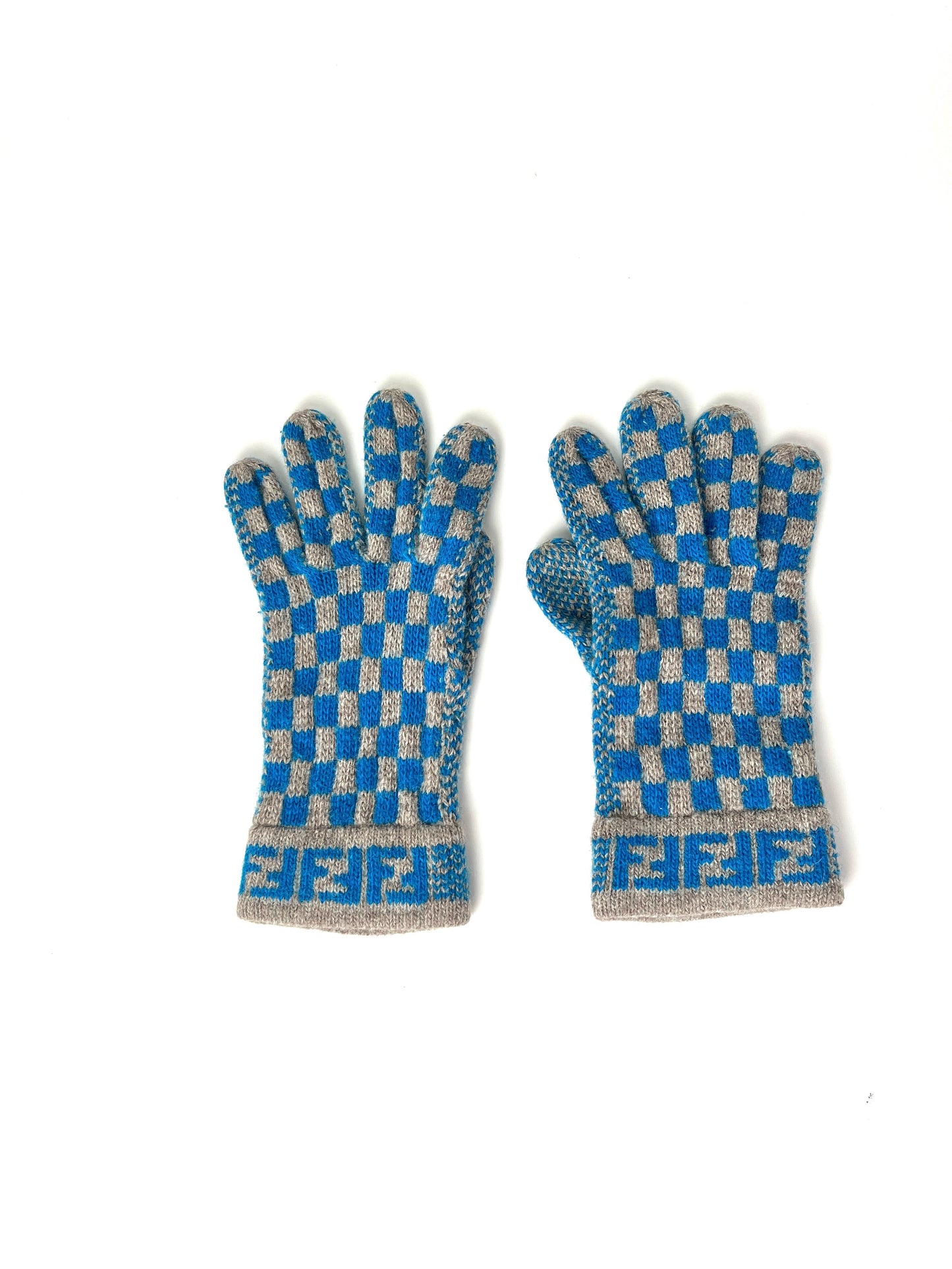 FENDI FF Logo Knit Wool Gloves Gray Blue