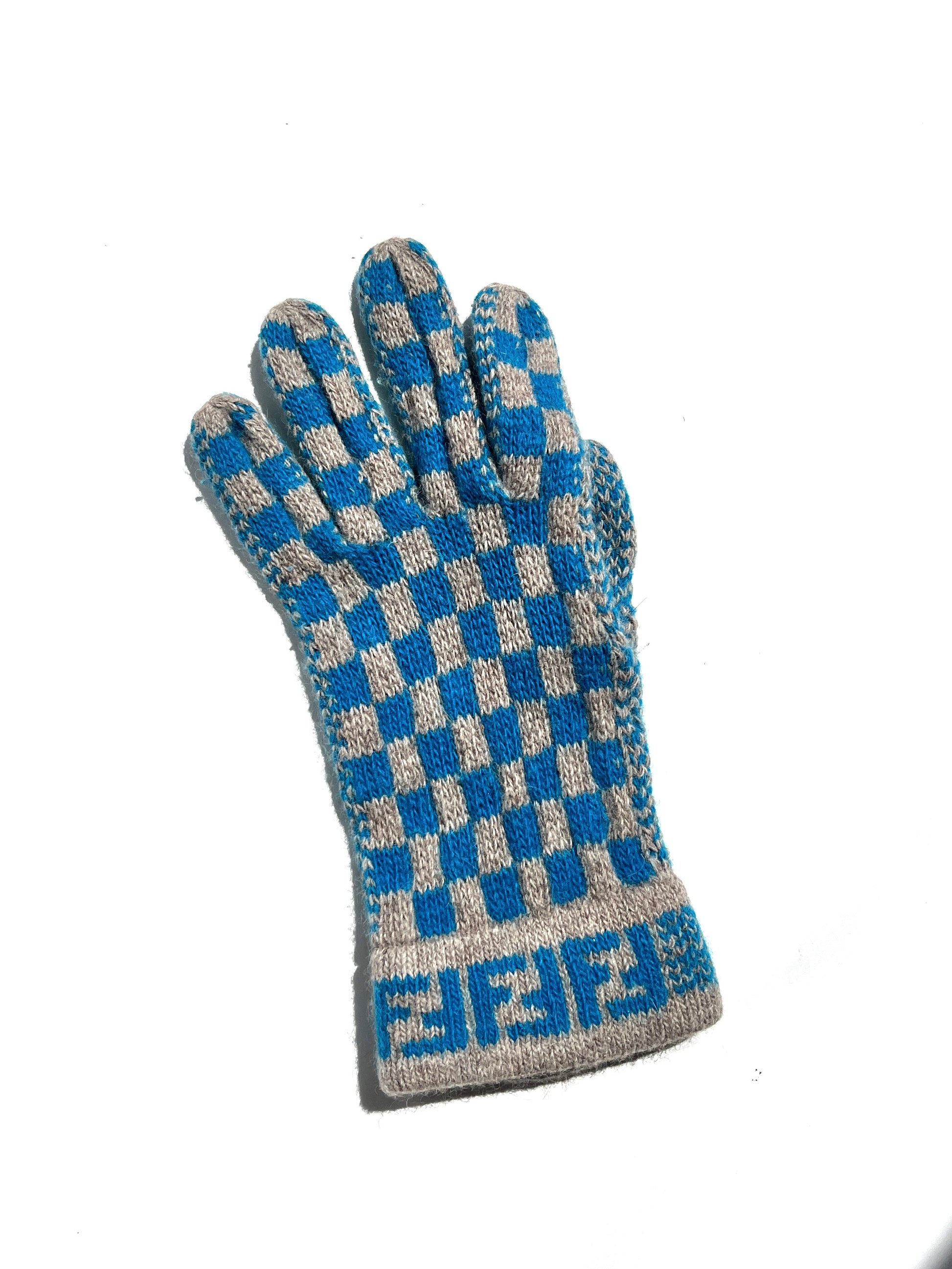 FENDI FF Logo Knit Wool Gloves Gray Blue