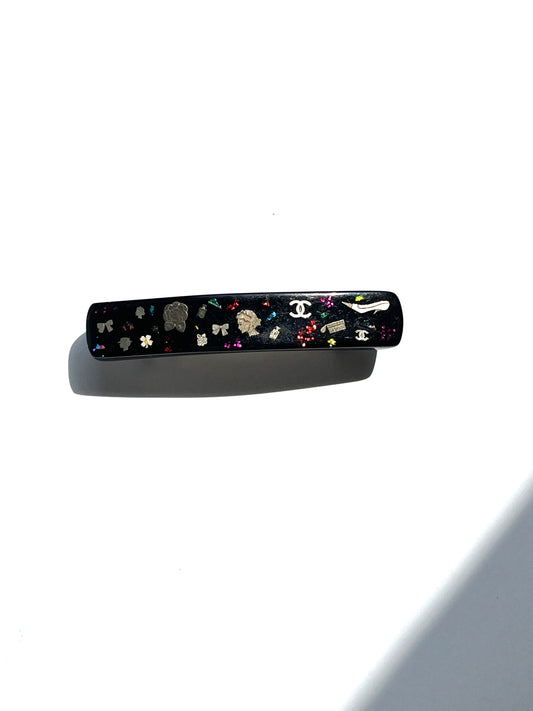 CHANEL Black Multi Logo Glitter Embellished Print Hair Clip Accessorie