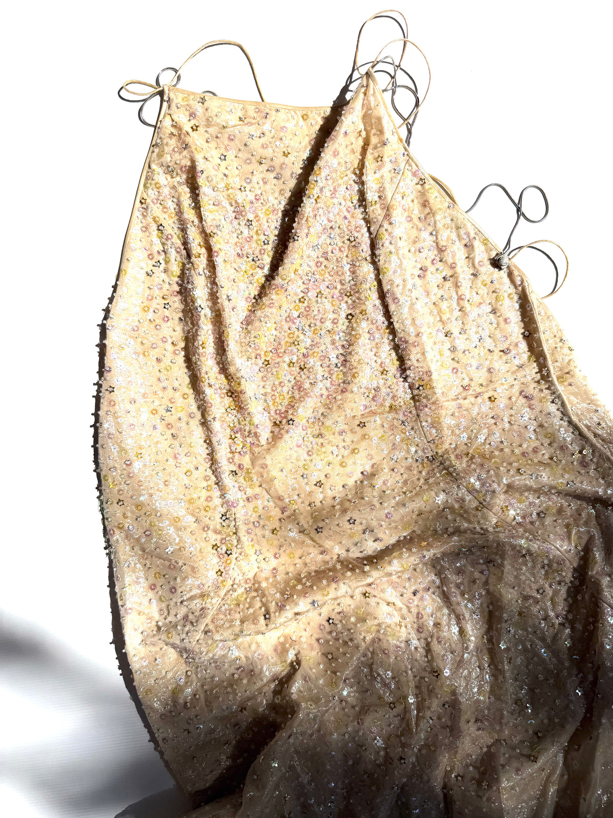 Couture Era Vintage 1996 Sequin Embroidered Light Beige Donna Evening Open Back Gown 42