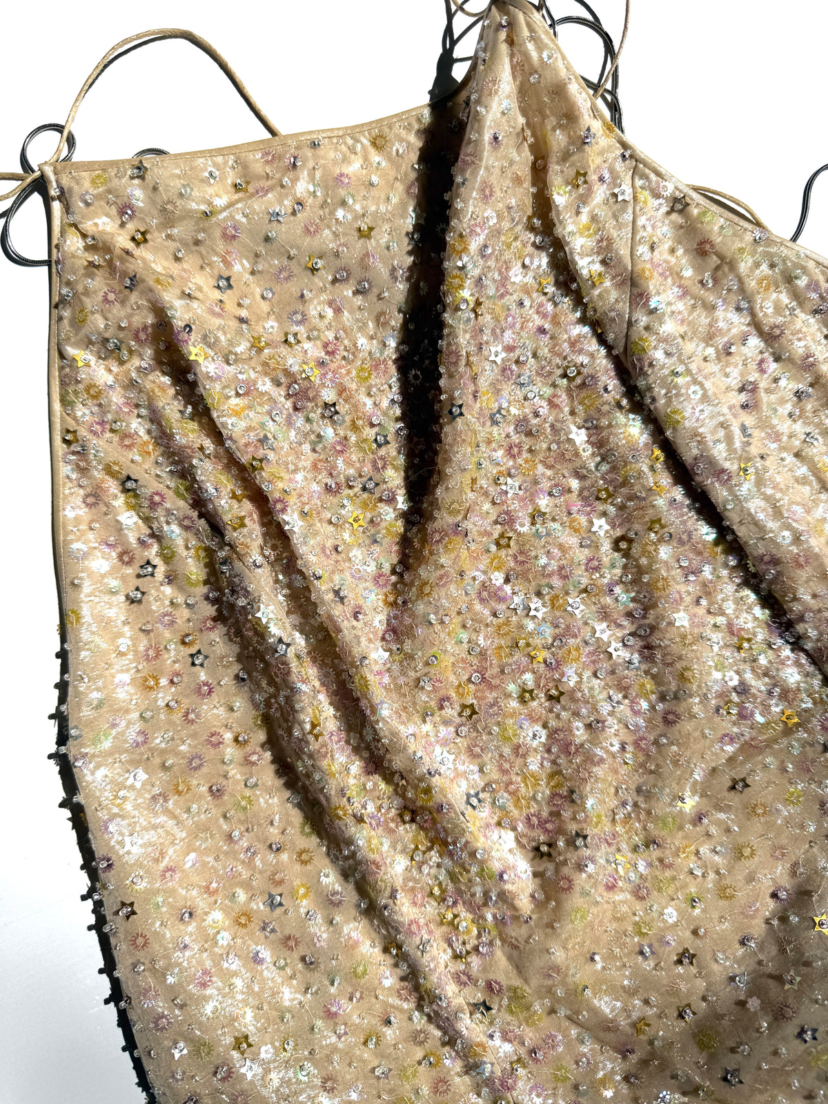 Couture Era Vintage 1996 Sequin Embroidered Light Beige Donna Evening Open Back Gown 42