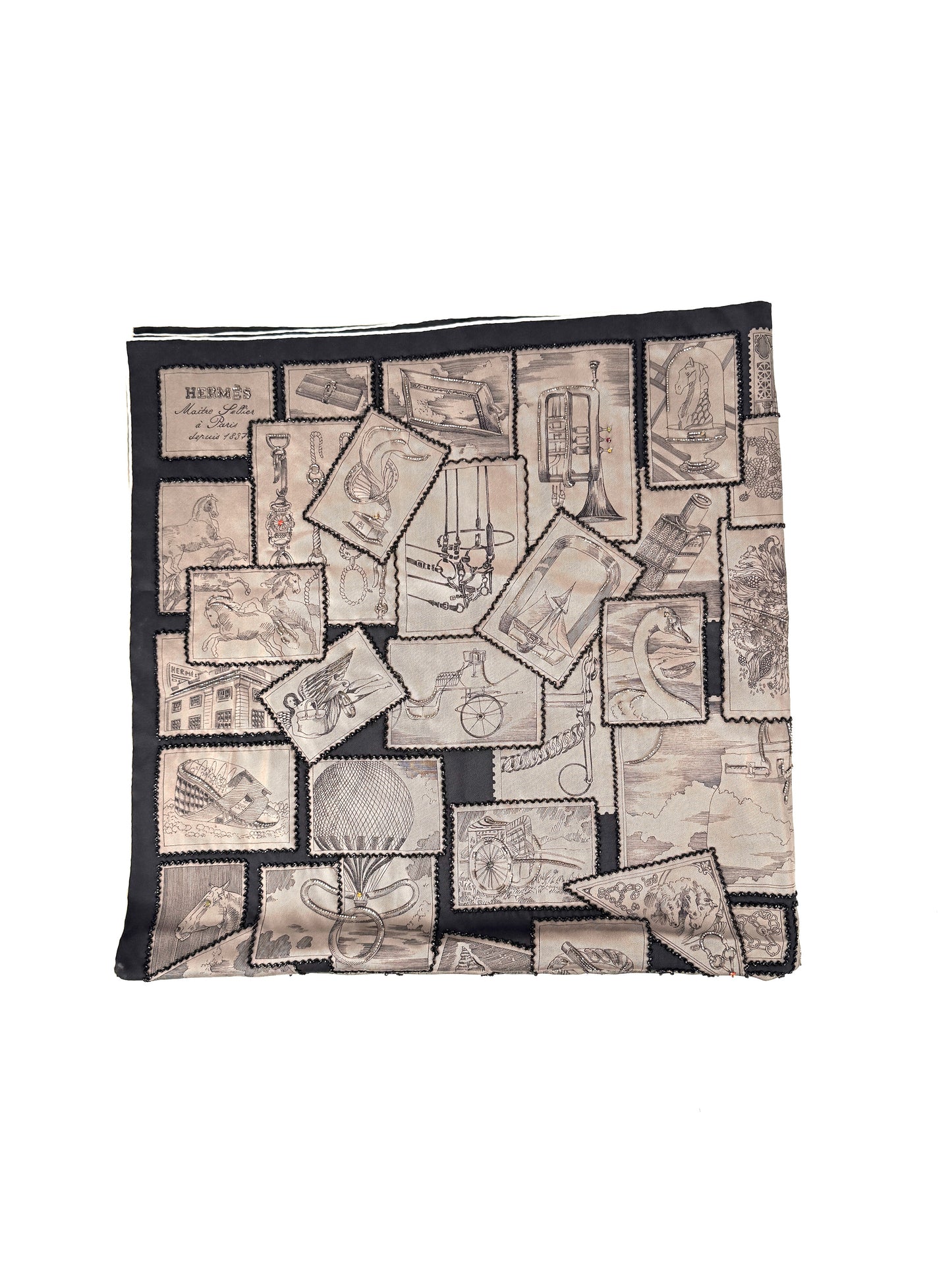 Hermes Le Philateliste du Faubourg Marron Glace Black Embroidered Silk Scarf 90 