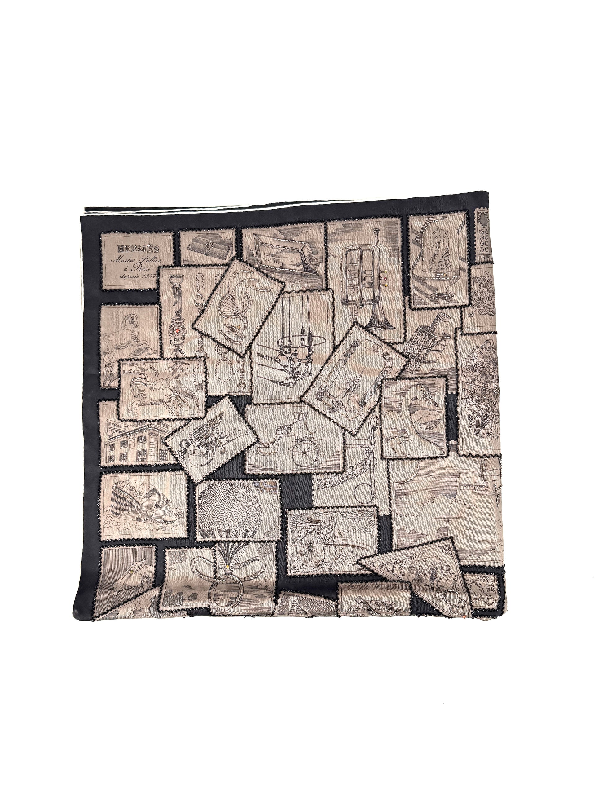 Hermes Le Philateliste du Faubourg Marron Glace Black Embroidered Silk Scarf 90 