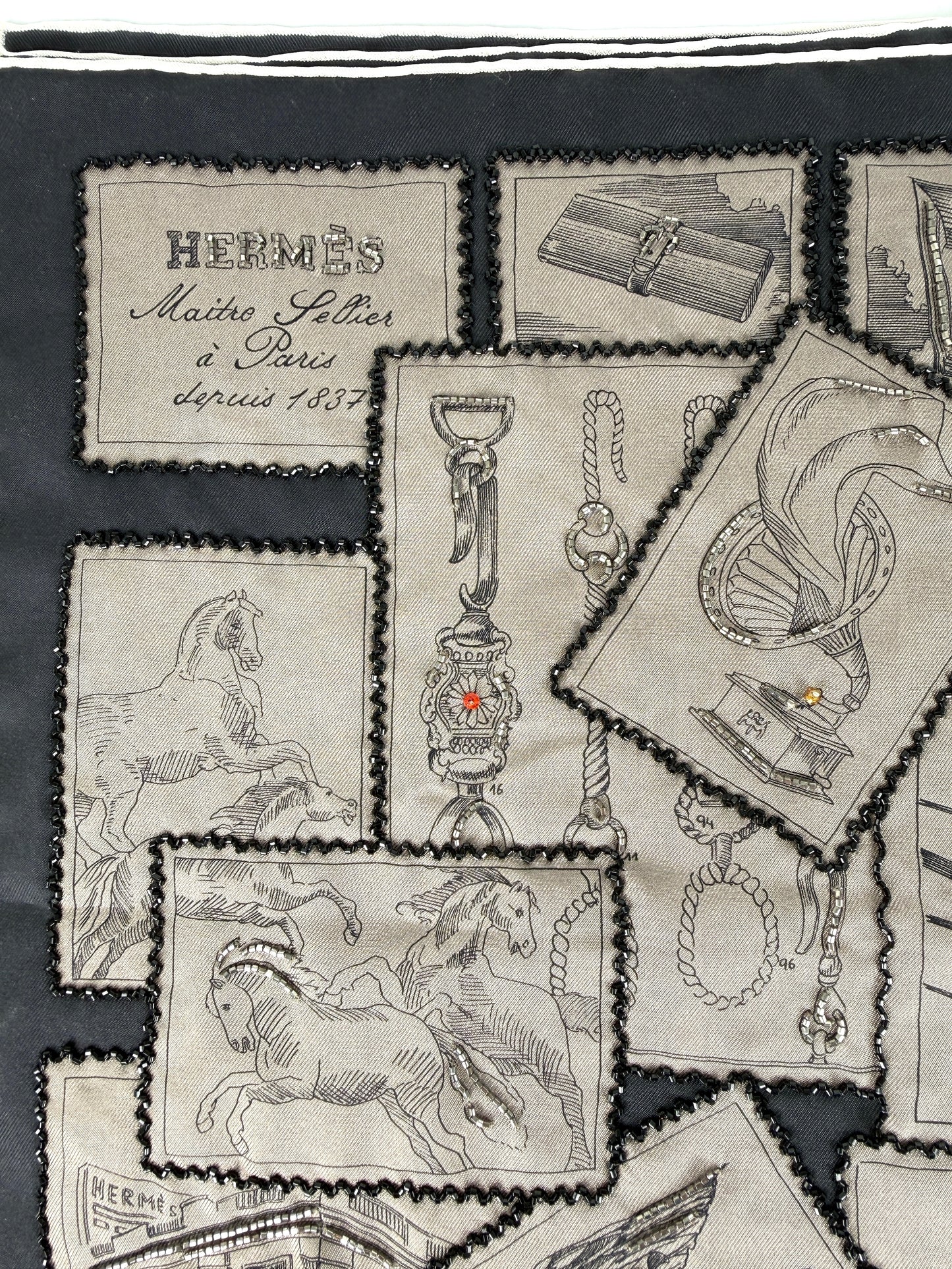 Hermes Le Philateliste du Faubourg Marron Glace Black Embroidered Silk Scarf 90