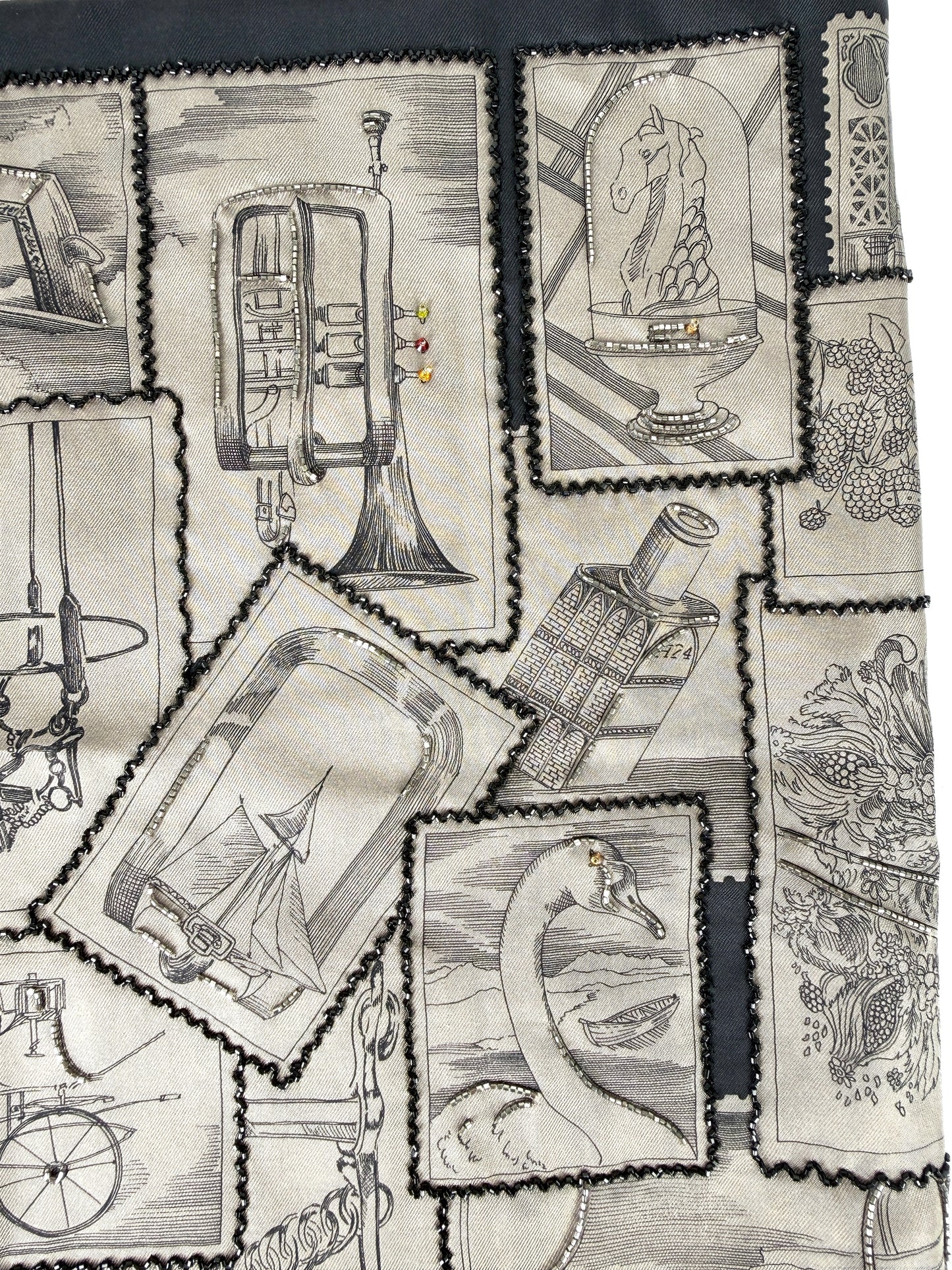 Hermes Le Philateliste du Faubourg Marron Glace Black Embroidered Silk Scarf 90