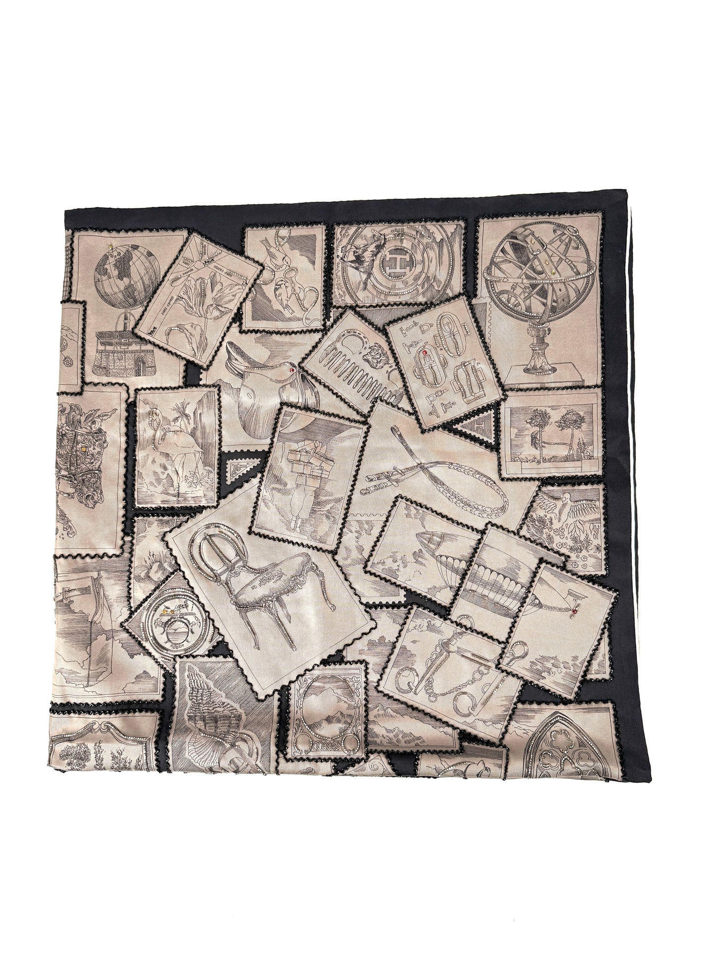 Hermes Le Philateliste du Faubourg Marron Glace Black Embroidered Silk Scarf 90