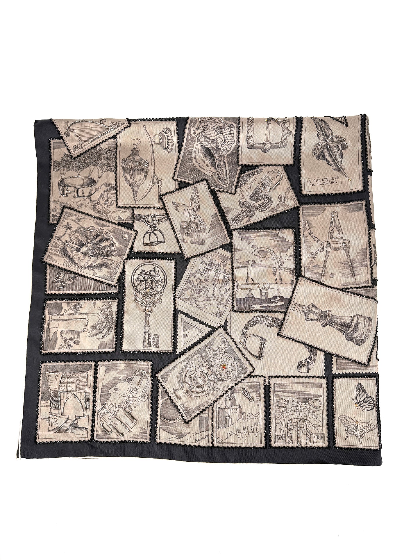 Hermes Le Philateliste du Faubourg Marron Glace Black Embroidered Silk Scarf 90