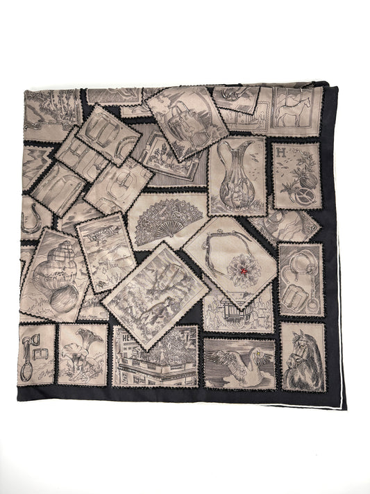 Hermes Le Philateliste du Faubourg Marron Glace Black Embroidered Silk Scarf 90 