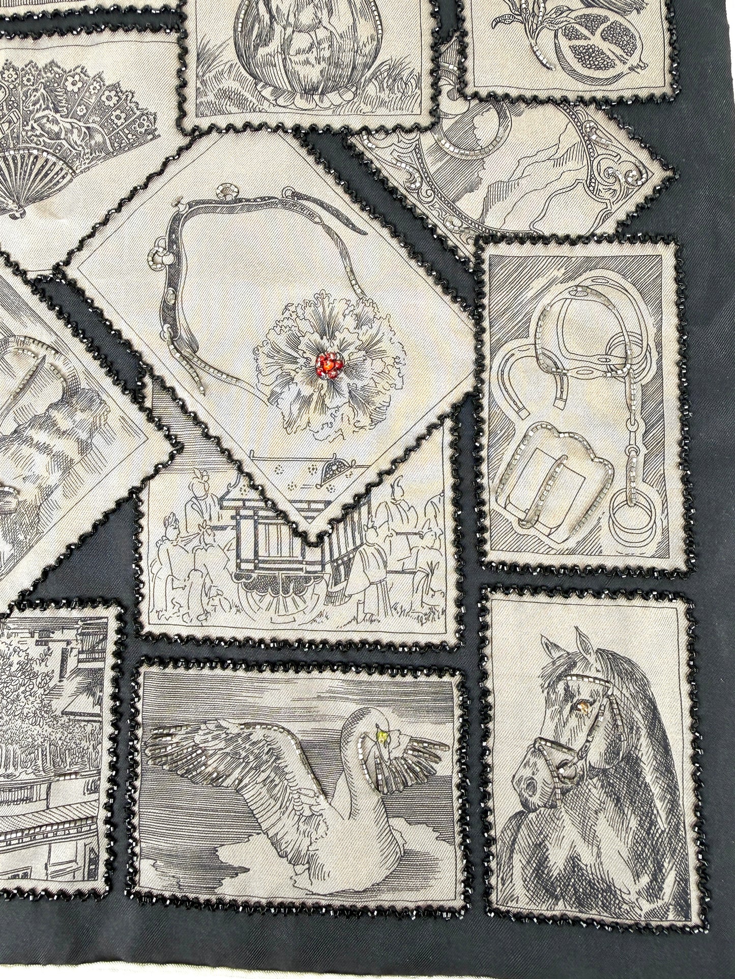Hermes Le Philateliste du Faubourg Marron Glace Black Embroidered Silk Scarf 90