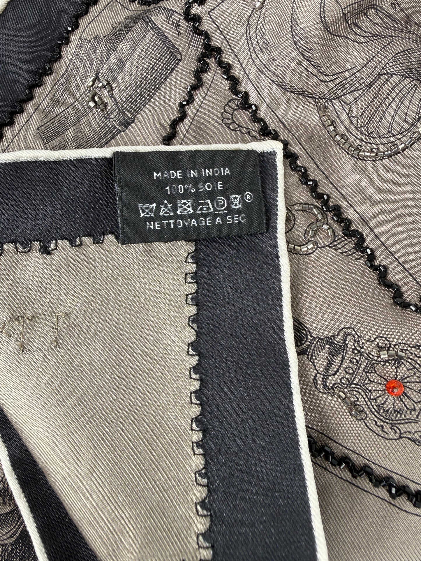 Hermes Le Philateliste du Faubourg Marron Glace Black Embroidered Silk Scarf 90