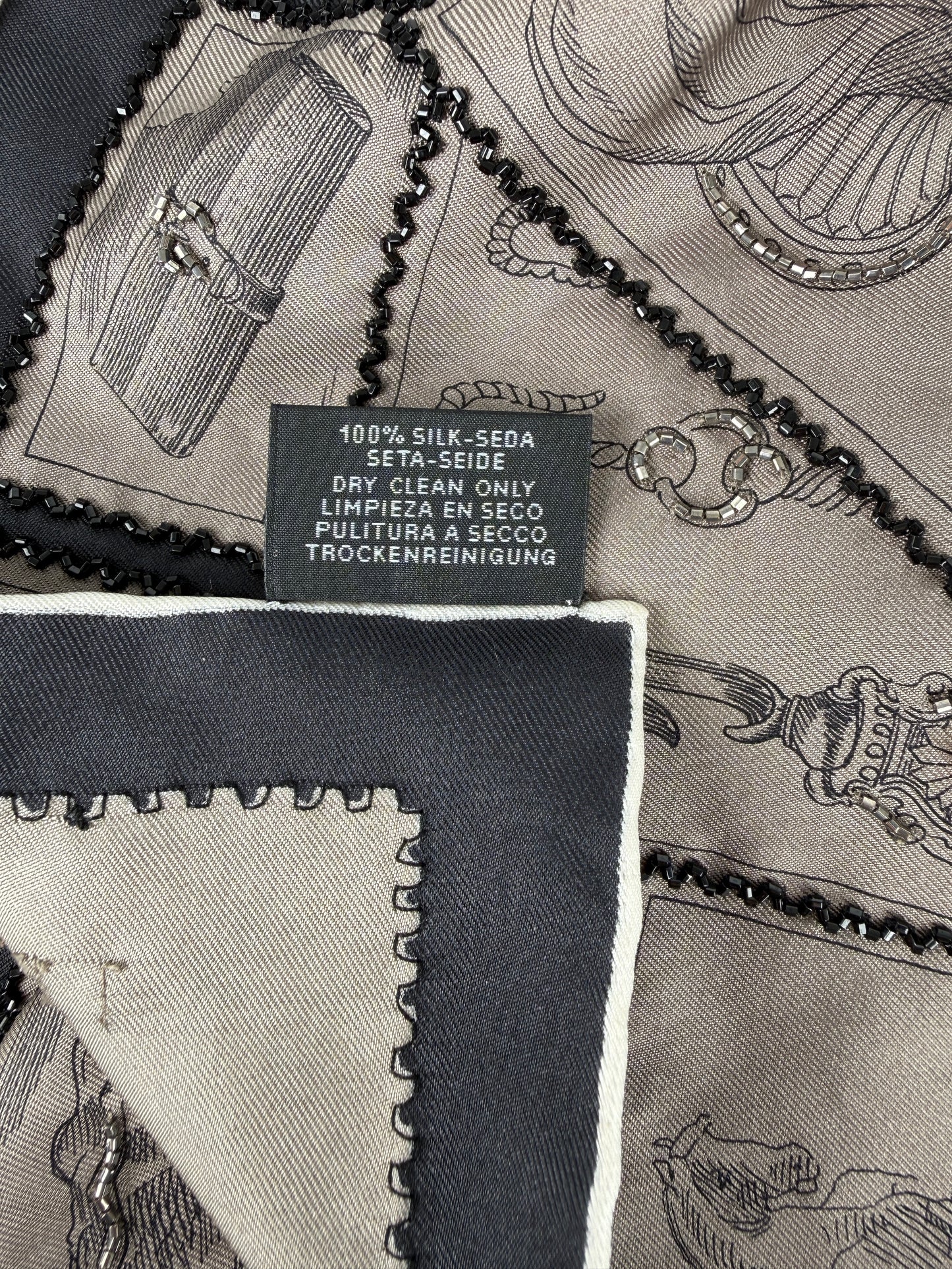 Hermes Le Philateliste du Faubourg Marron Glace Black Embroidered Silk Scarf 90